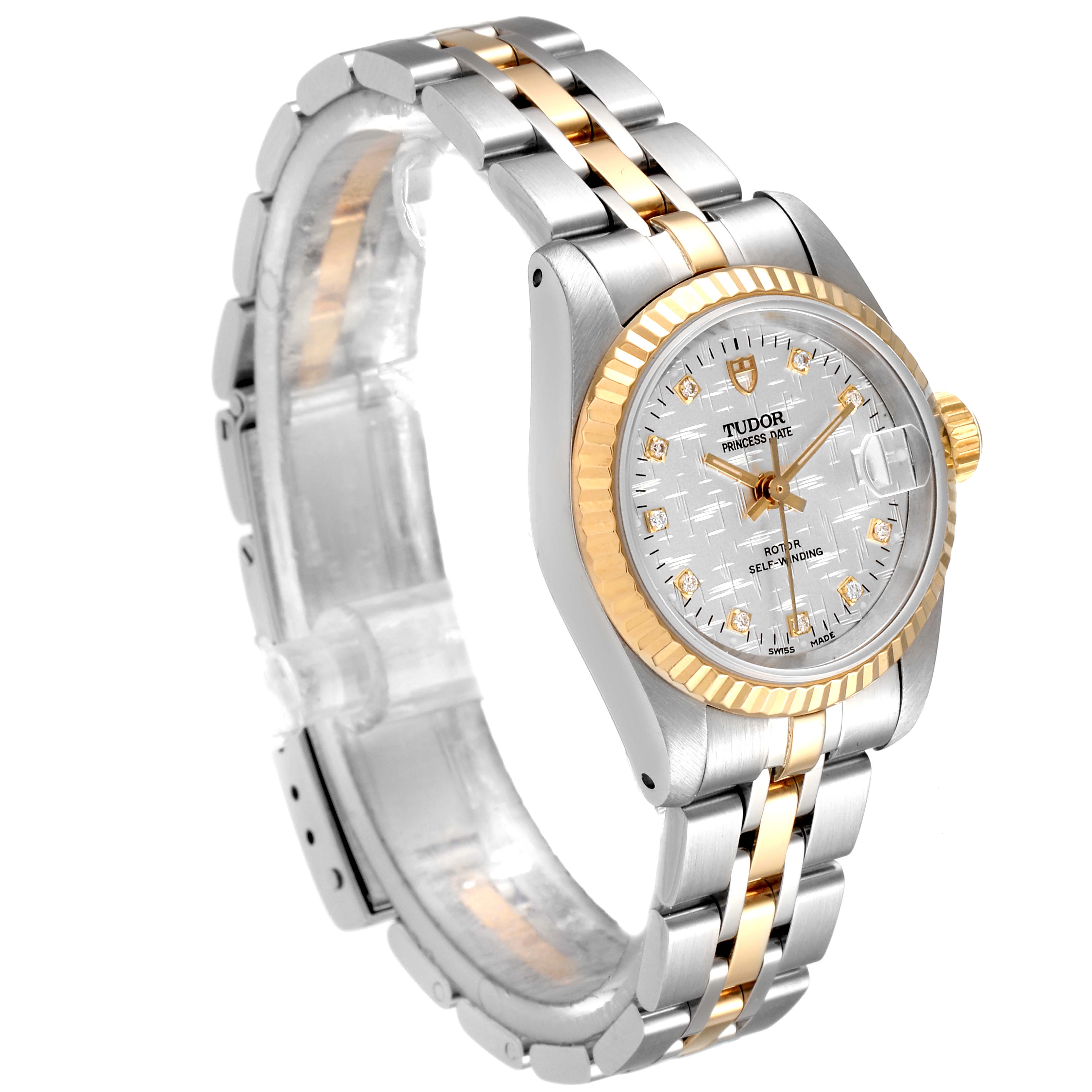 This Tudor Princess 92413 Women's Steel and Gold (two tone) Silver Dial 92413 Women's Steel and Gold (two tone) Silver Dial model watch is shown at an angle displaying its watch face, bezel, bracelet, and crown.