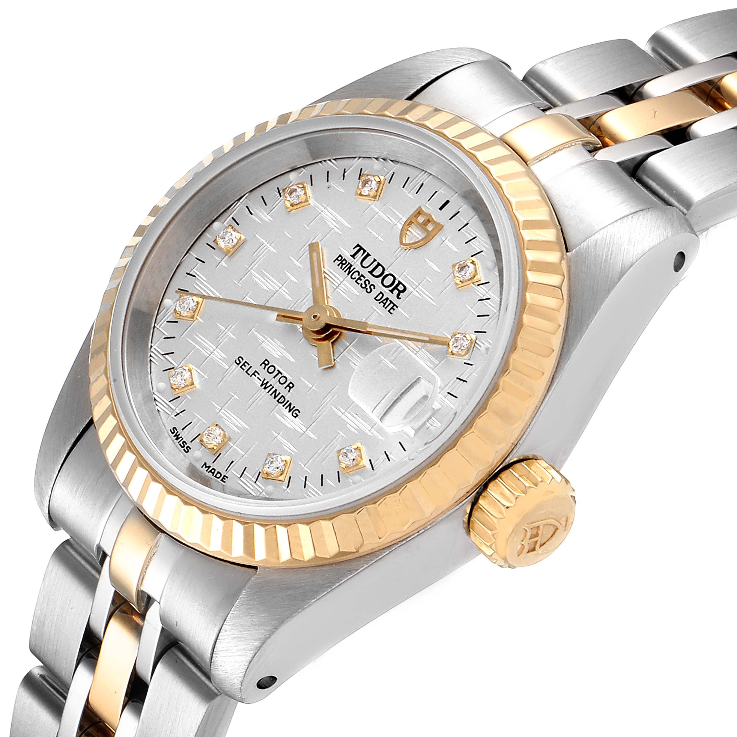 The image shows a Tudor Princess 92413 Women's Steel and Gold (two tone) Silver Dial 92413 Women's Steel and Gold (two tone) Silver Dial Date watch at an angle, highlighting its dial, bezel, crown, and bracelet with gold accents.