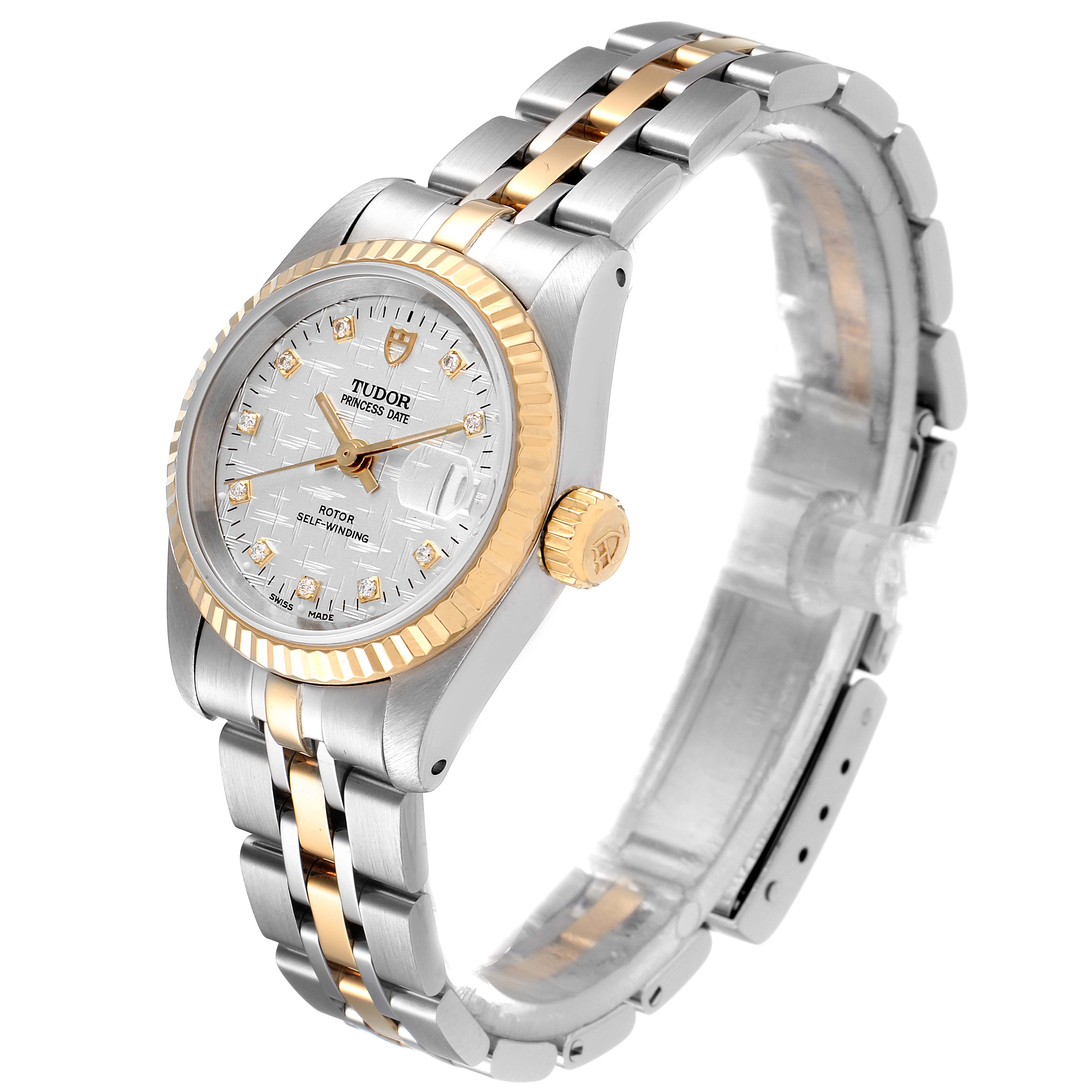 The image shows a Tudor Princess 92413 Women's Steel and Gold (two tone) Silver Dial 92413 Women's Steel and Gold (two tone) Silver Dial watch at a 3/4 angle, highlighting the face, bezel, case, crown, and bracelet.