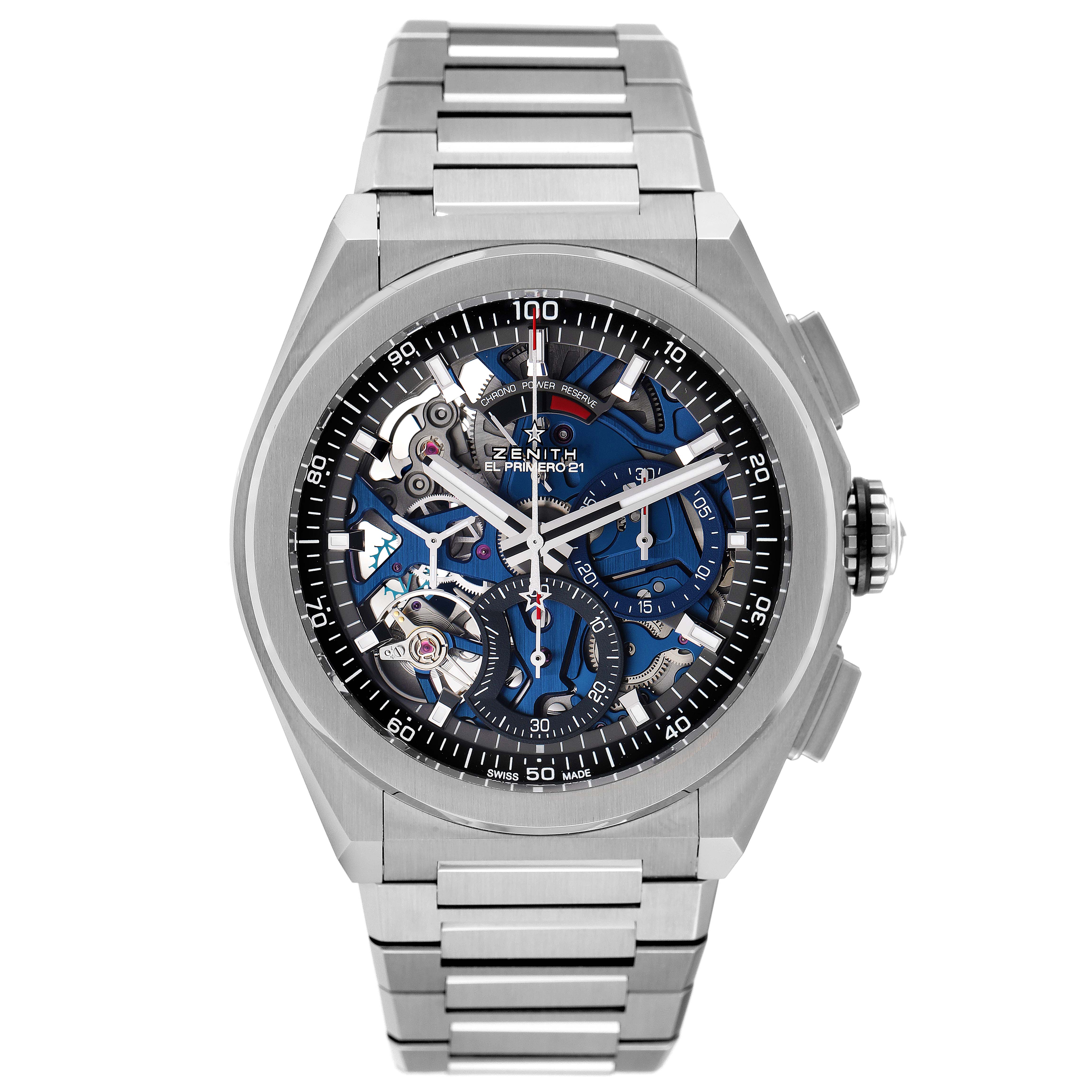 The image shows a Zenith Defy 95.9002.9004/78.M9000 Men's Titanium Grey Dial 95.9002.9004/78.M9000 Men's Titanium Grey Dial model watch from a front angle, highlighting its dial, hands, and metal bracelet.
