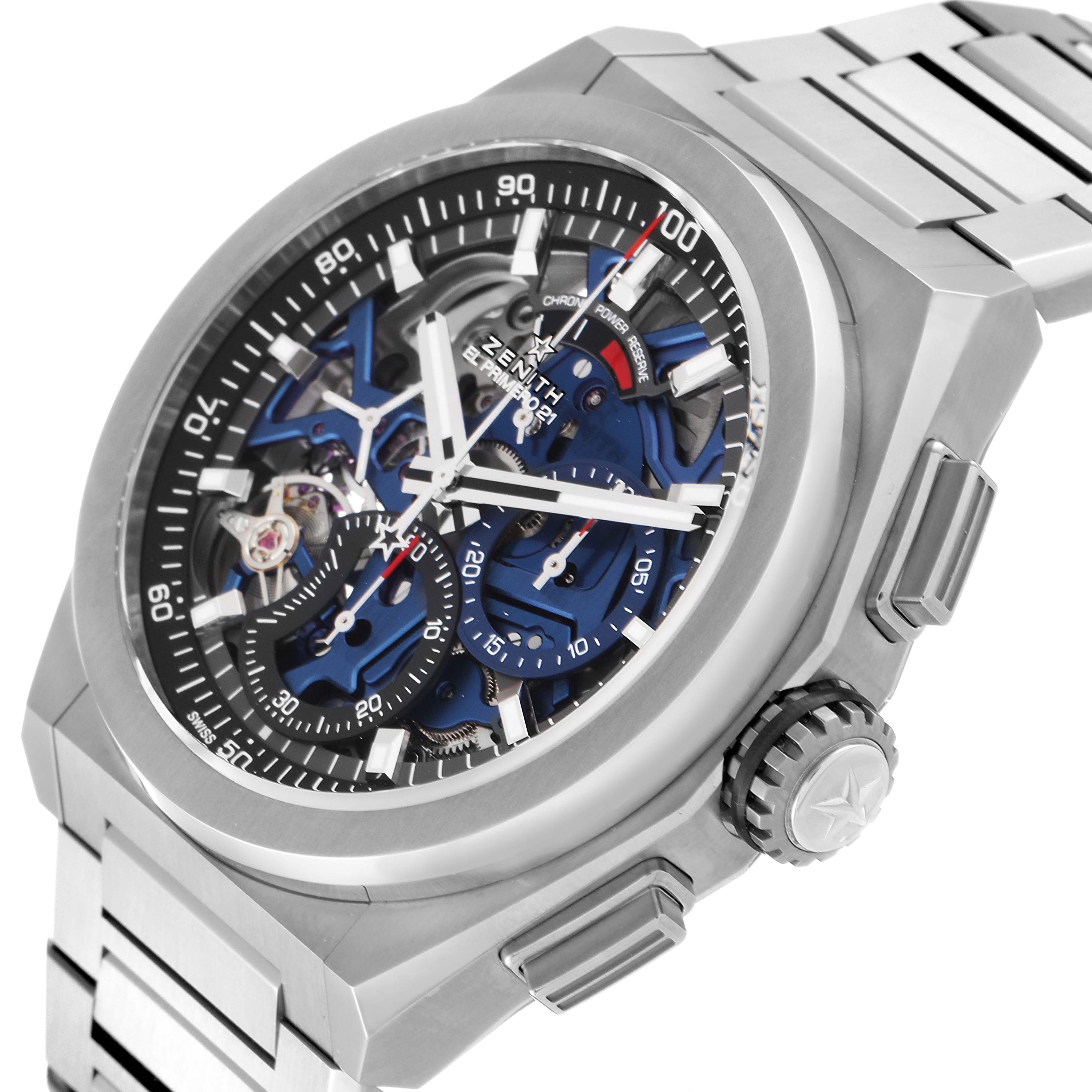 The image shows a Zenith Defy 95.9002.9004/78.M9000 Men's Titanium Grey Dial 95.9002.9004/78.M9000 Men's Titanium Grey Dial watch angled to display the dial, crown, and upper part of the bracelet.