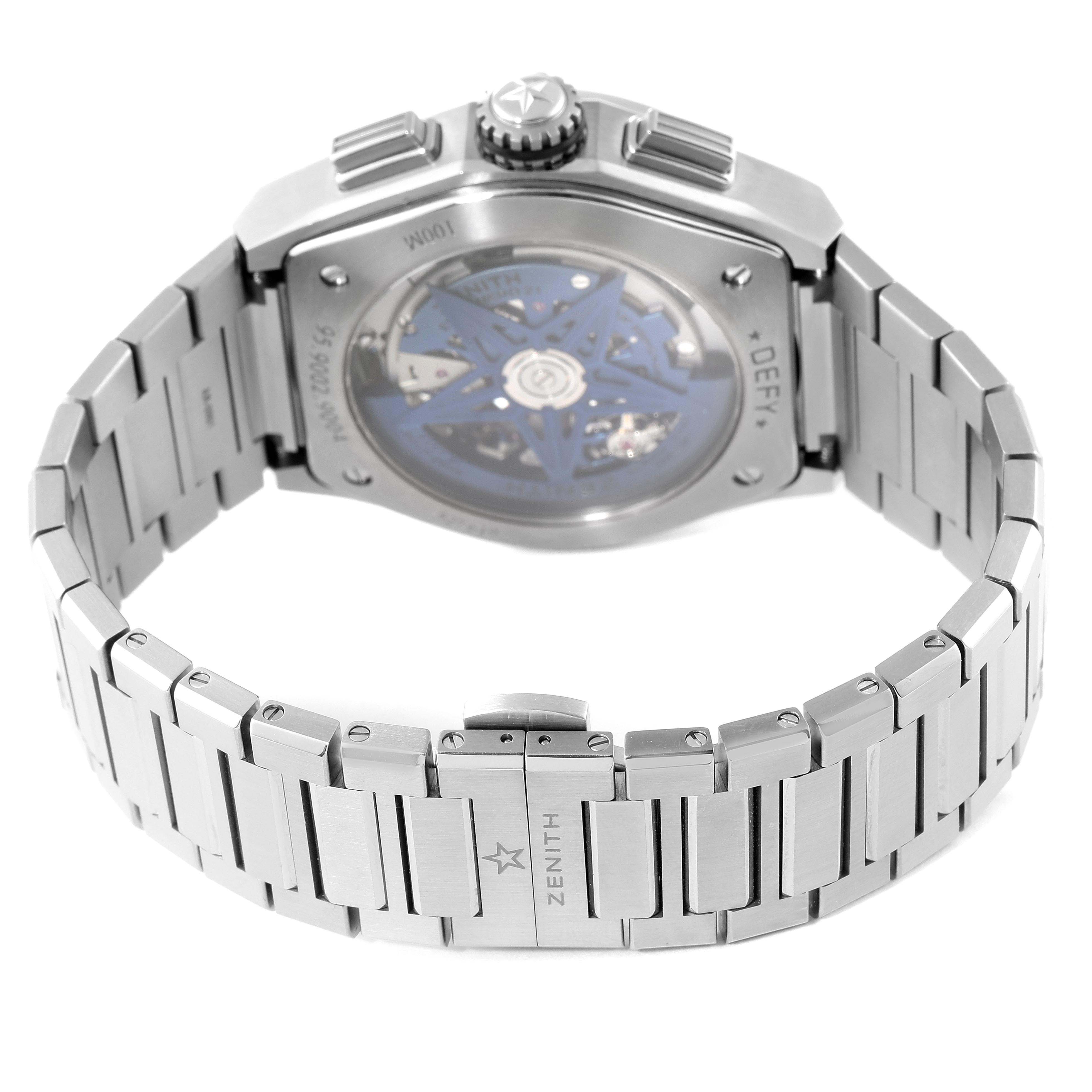 The image shows the back case and bracelet of the Zenith Defy 95.9002.9004/78.M9000 Men's Titanium Grey Dial 95.9002.9004/78.M9000 Men's Titanium Grey Dial watch at an angle highlighting the transparent case back and the clasp.