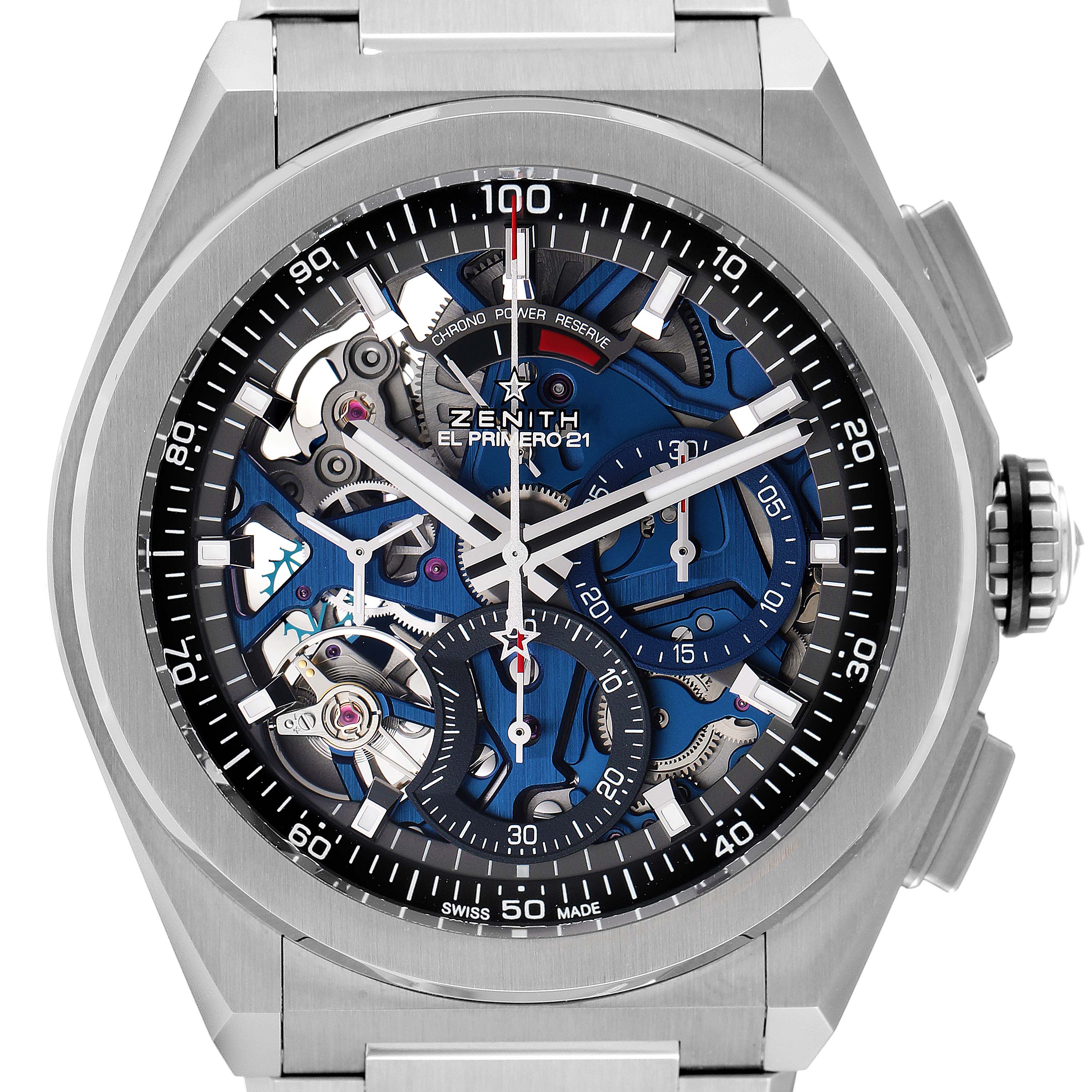 This image shows a front view of the Zenith Defy 95.9002.9004/78.M9000 Men's Titanium Grey Dial 95.9002.9004/78.M9000 Men's Titanium Grey Dial El Primero 21 watch, highlighting its intricate dial and chronograph functions.