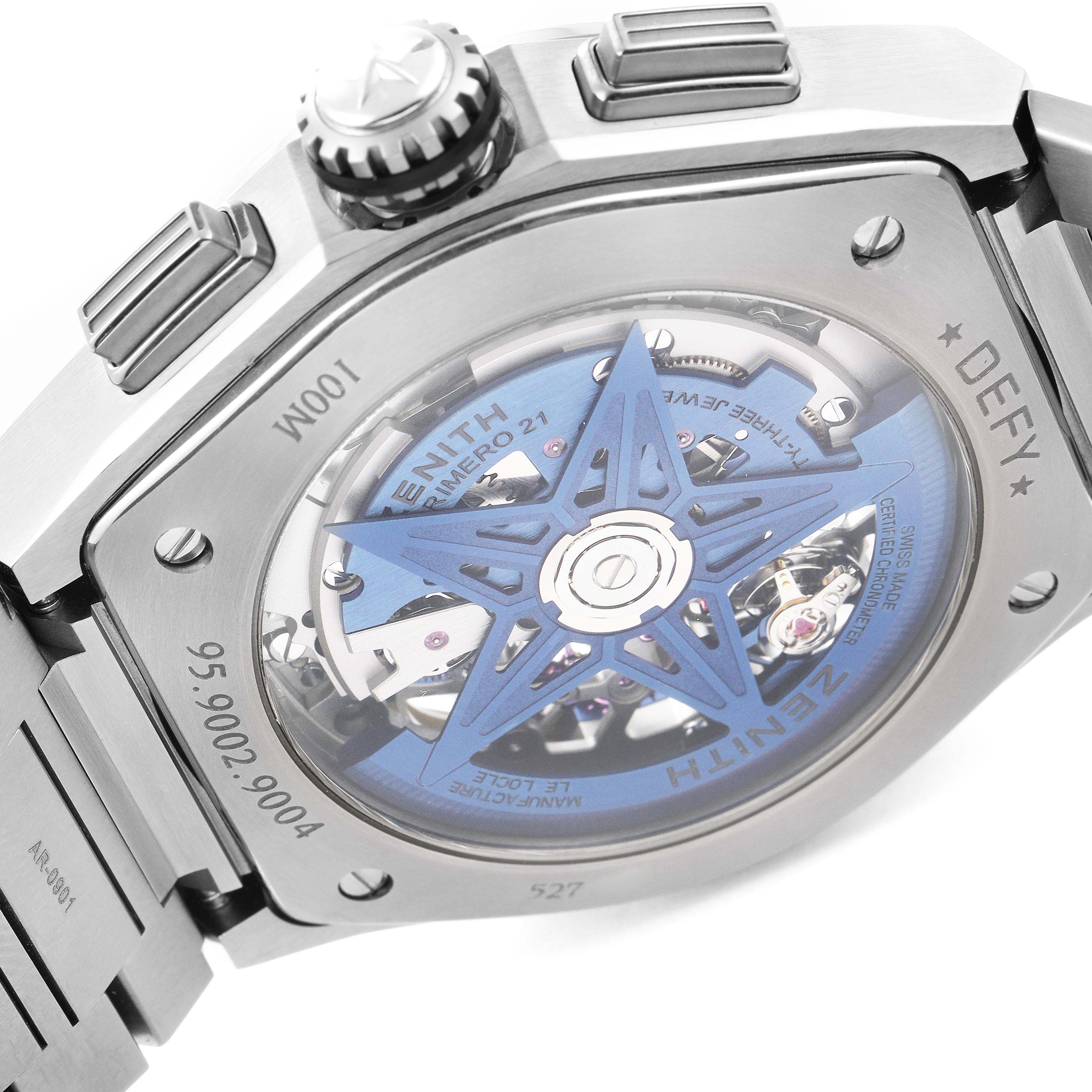 The image shows the back of the Zenith Defy 95.9002.9004/78.M9000 Men's Titanium Grey Dial 95.9002.9004/78.M9000 Men's Titanium Grey Dial watch, highlighting its movement and case details.