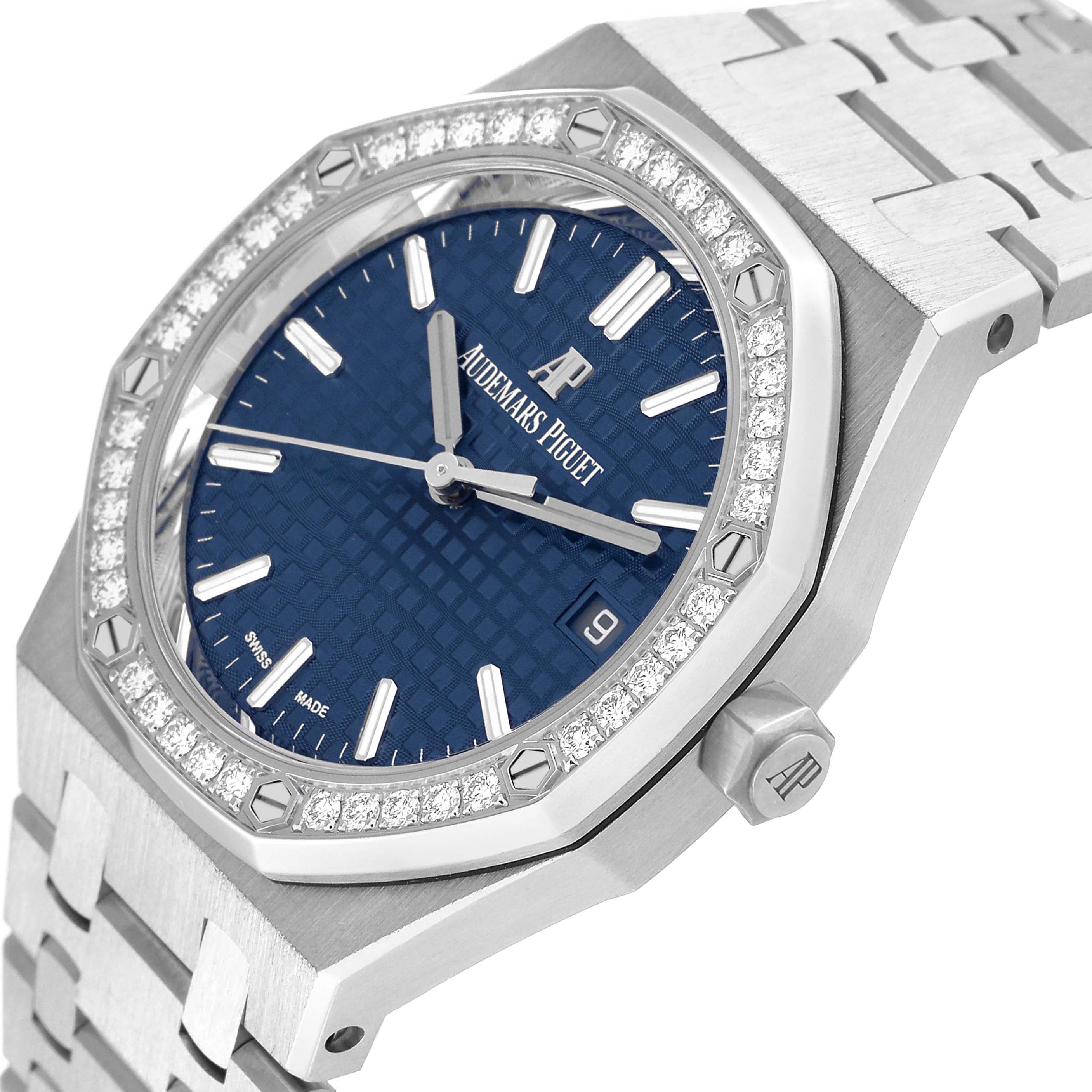 This image shows a close-up angle of the Audemars Piguet Royal Oak 15451ST.ZZ.1256ST.03 Men's Stainless Steel Blue Dial 15451ST.ZZ.1256ST.03 Men's Stainless Steel Blue Dial watch, highlighting the bezel, dial, hands, and crown.