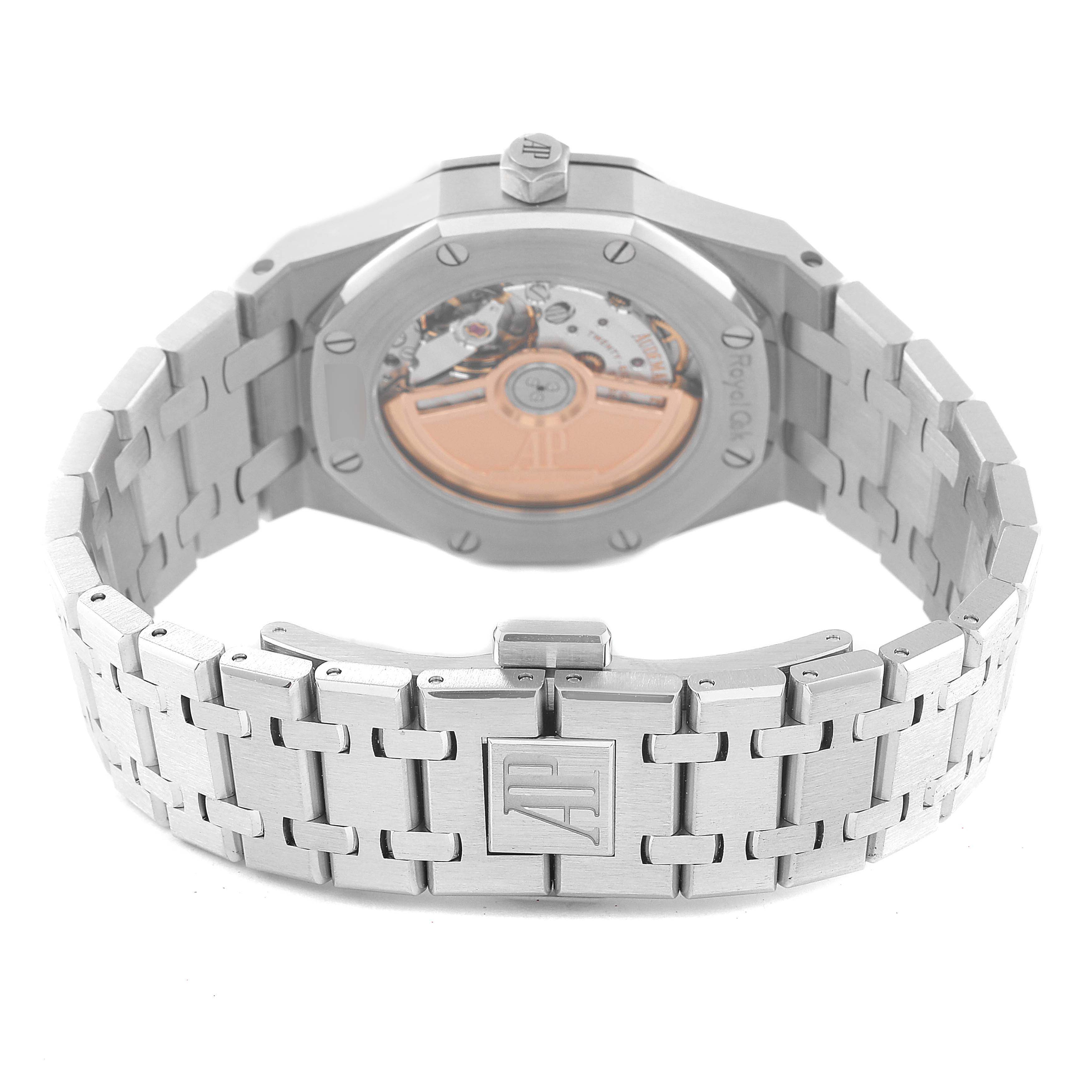 The image shows the back view of the Audemars Piguet Royal Oak 15451ST.ZZ.1256ST.03 Men's Stainless Steel Blue Dial 15451ST.ZZ.1256ST.03 Men's Stainless Steel Blue Dial watch, highlighting its metal bracelet and visible movement.