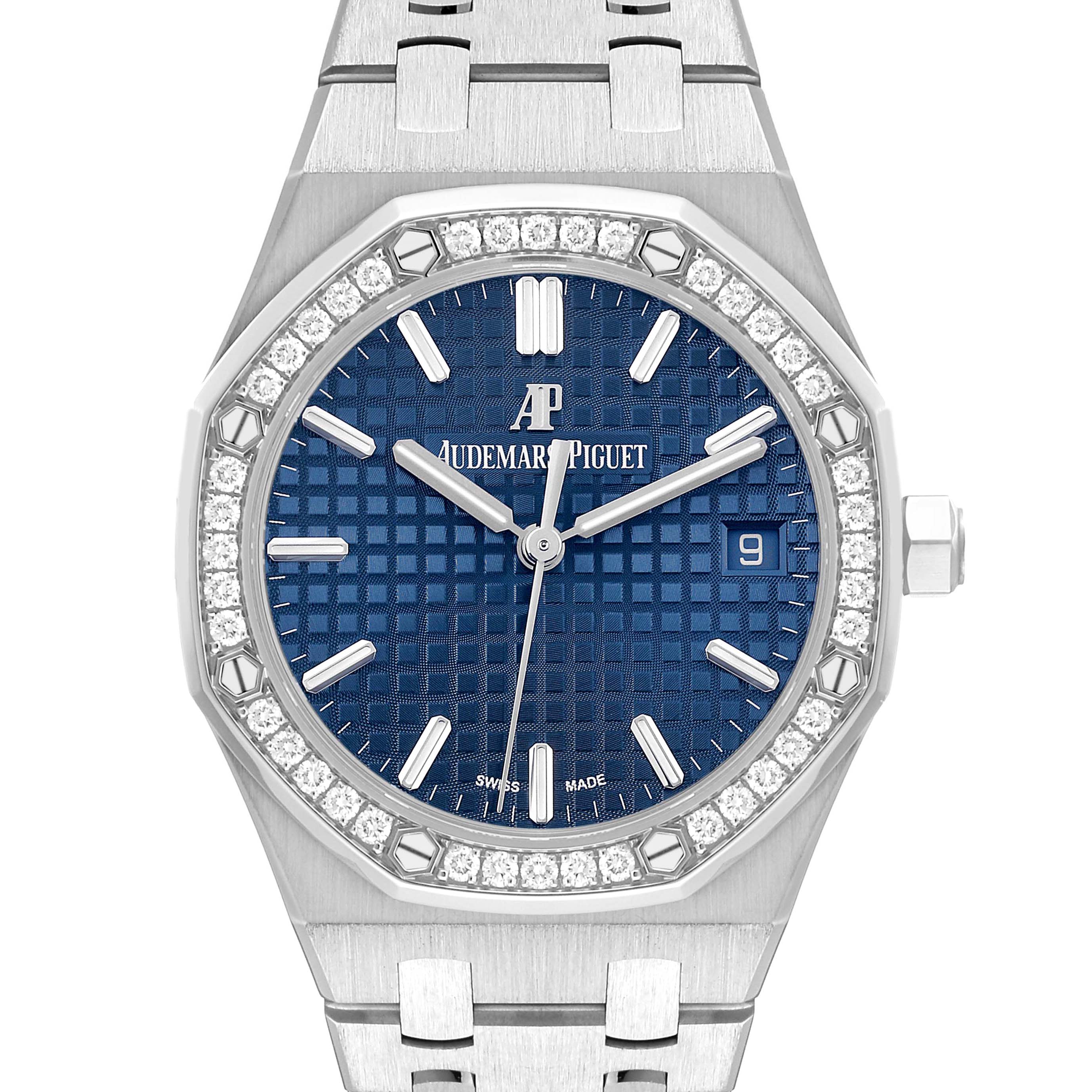 The image shows a front view of a Royal Oak watch by Audemars Piguet, highlighting the dial, bezel, and part of the bracelet.
