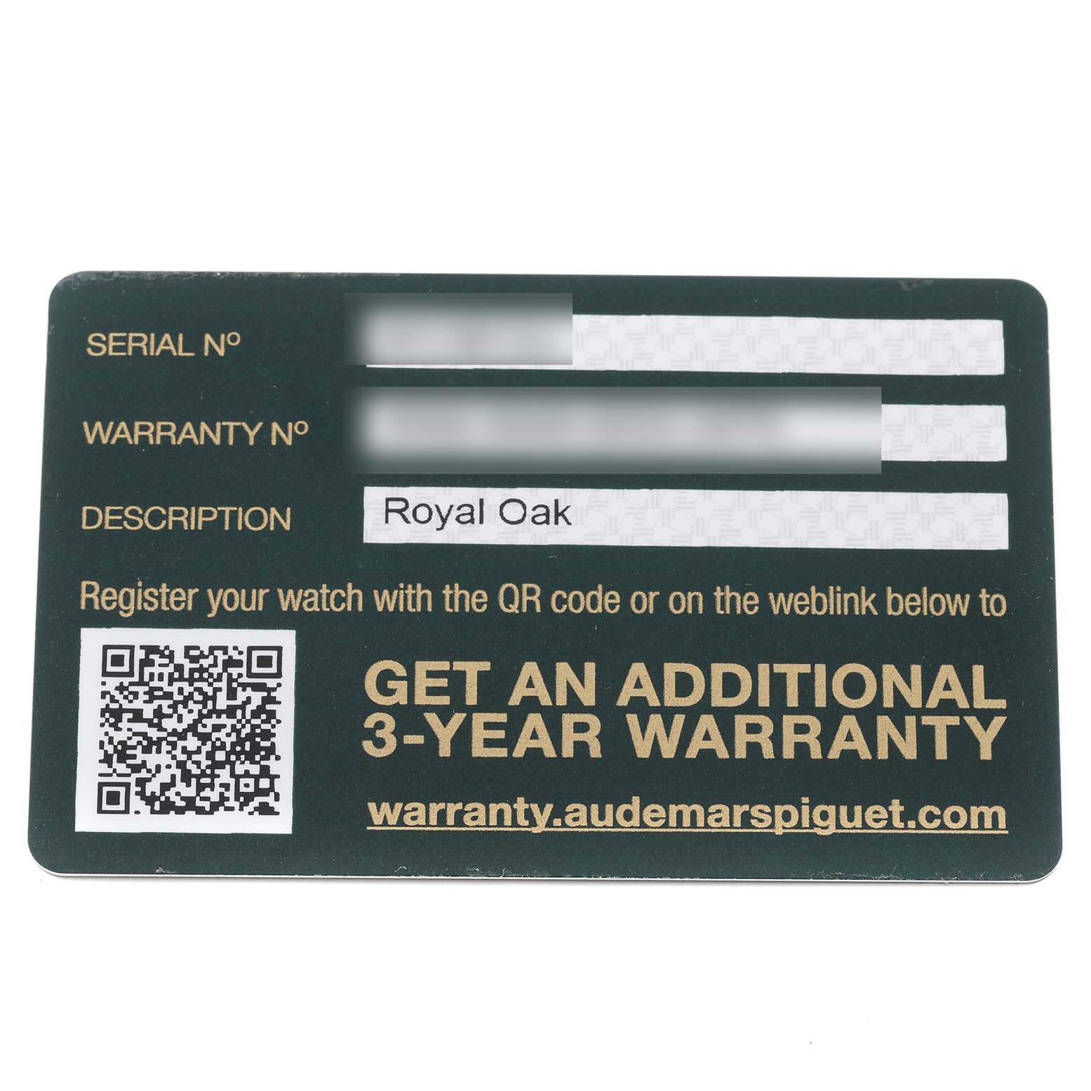 This image shows the warranty card for the Royal Oak watch model by Audemars Piguet.