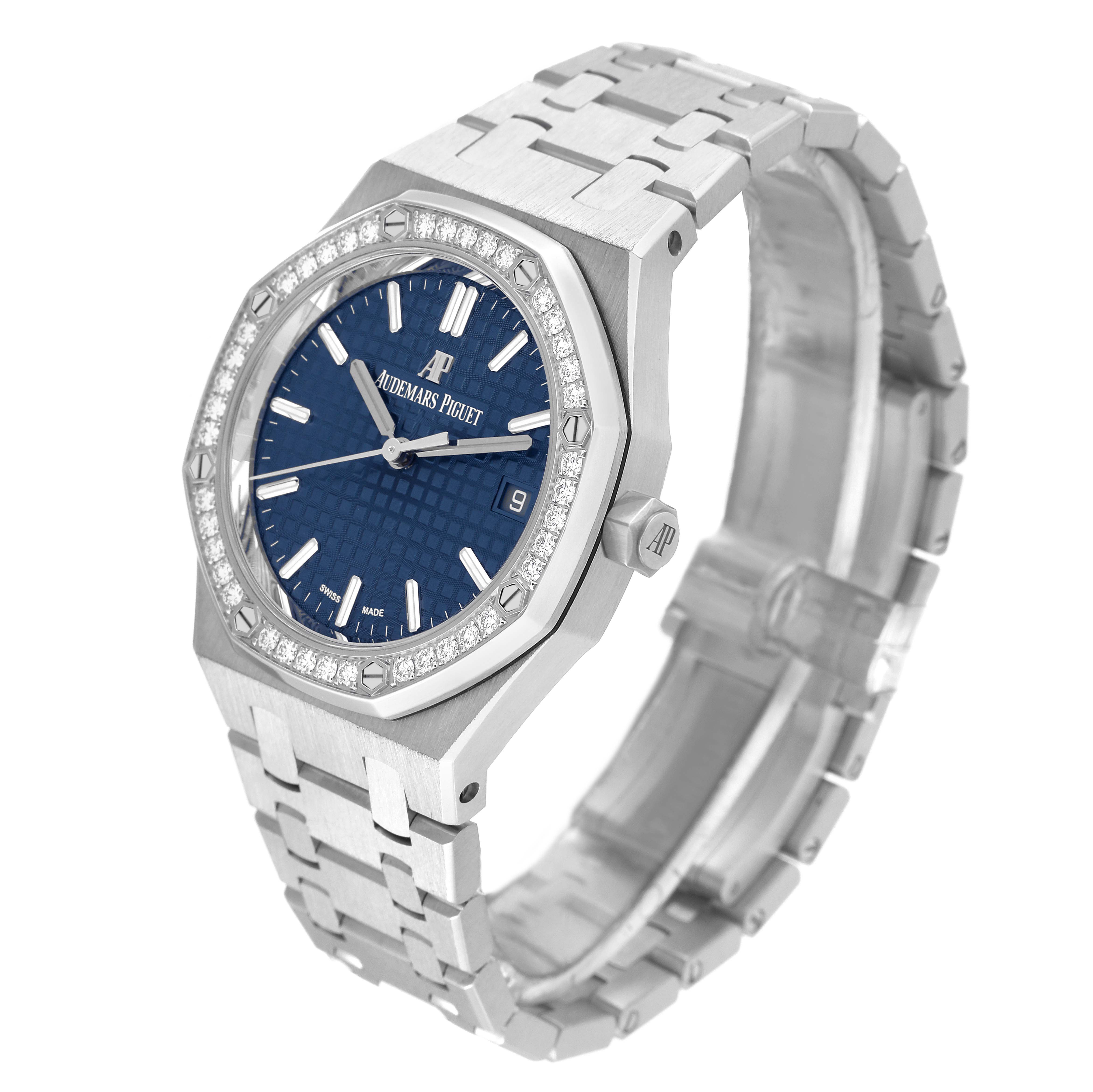 The image shows a side angle of an Audemars Piguet Royal Oak 15451ST.ZZ.1256ST.03 Men's Stainless Steel Blue Dial 15451ST.ZZ.1256ST.03 Men's Stainless Steel Blue Dial watch, highlighting its blue dial, bezel with diamonds, and stainless steel bracelet.