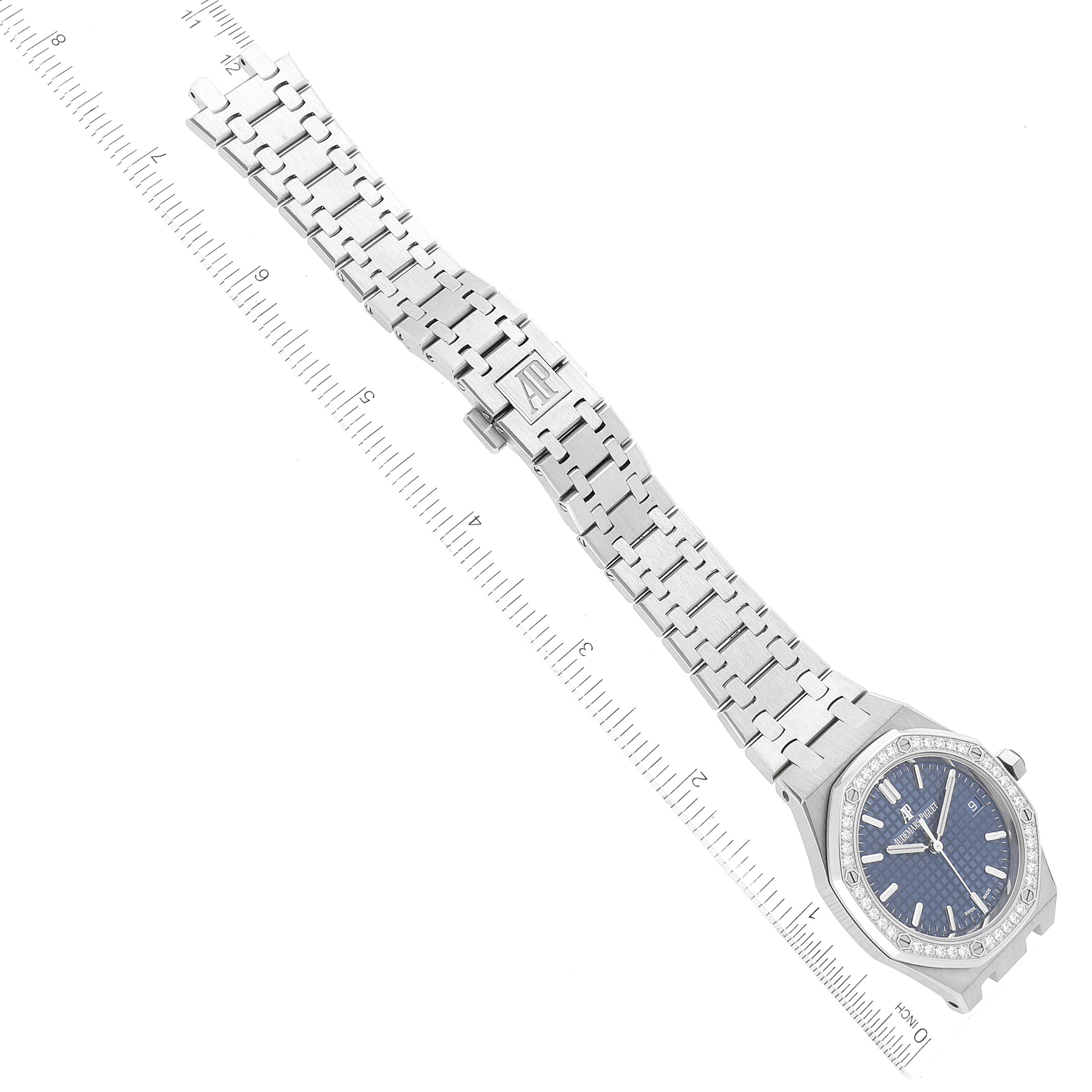 The image shows an Audemars Piguet Royal Oak 15451ST.ZZ.1256ST.03 Men's Stainless Steel Blue Dial 15451ST.ZZ.1256ST.03 Men's Stainless Steel Blue Dial model watch, showcasing its full bracelet and watch face in a top-down angle.