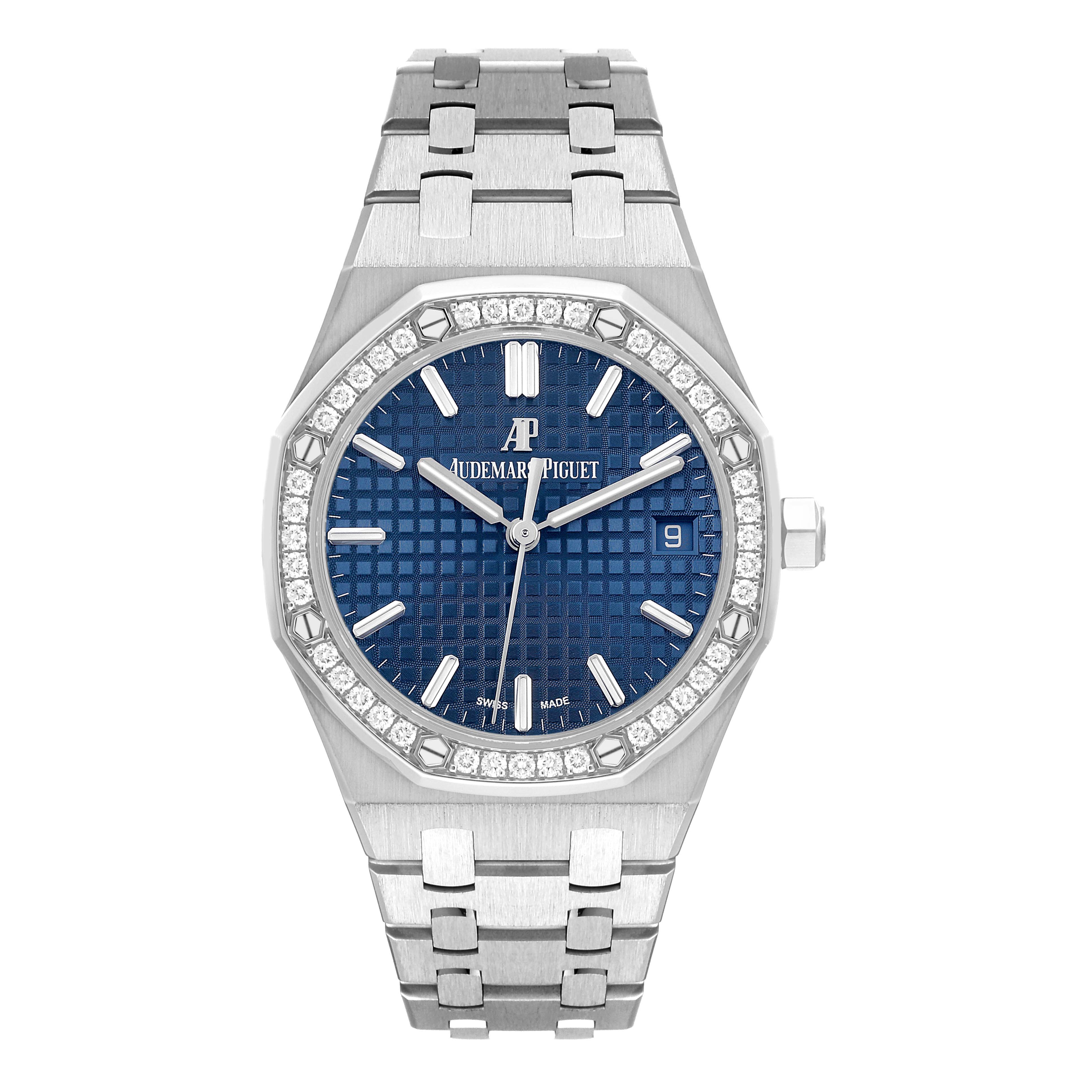 The image shows a front view of the Audemars Piguet Royal Oak 15451ST.ZZ.1256ST.03 Men's Stainless Steel Blue Dial 15451ST.ZZ.1256ST.03 Men's Stainless Steel Blue Dial watch, highlighting its face, bezel, and a portion of the bracelet.