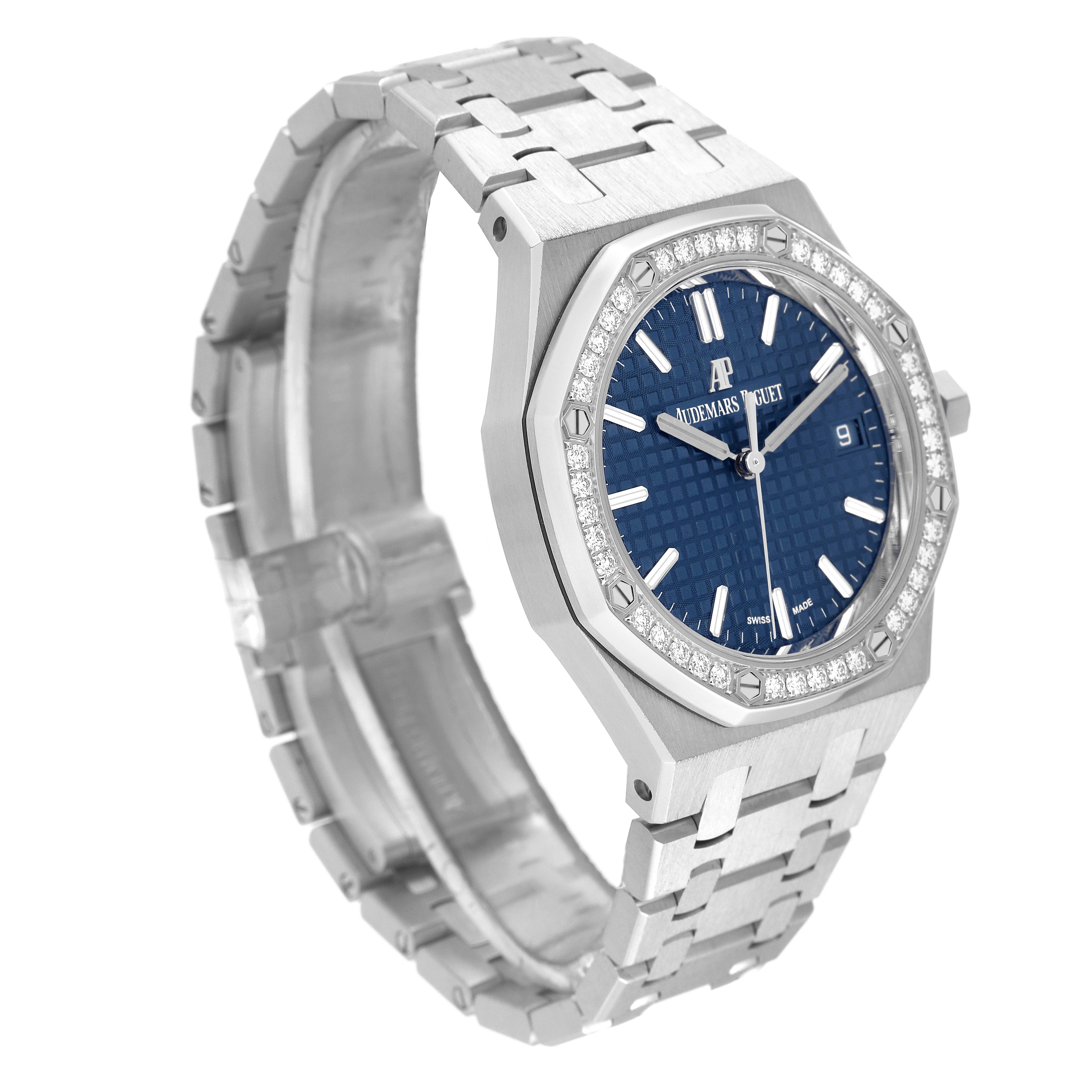 This image shows a side angle of the Audemars Piguet Royal Oak 15451ST.ZZ.1256ST.03 Men's Stainless Steel Blue Dial 15451ST.ZZ.1256ST.03 Men's Stainless Steel Blue Dial watch, highlighting its blue dial, diamond bezel, and stainless steel bracelet.