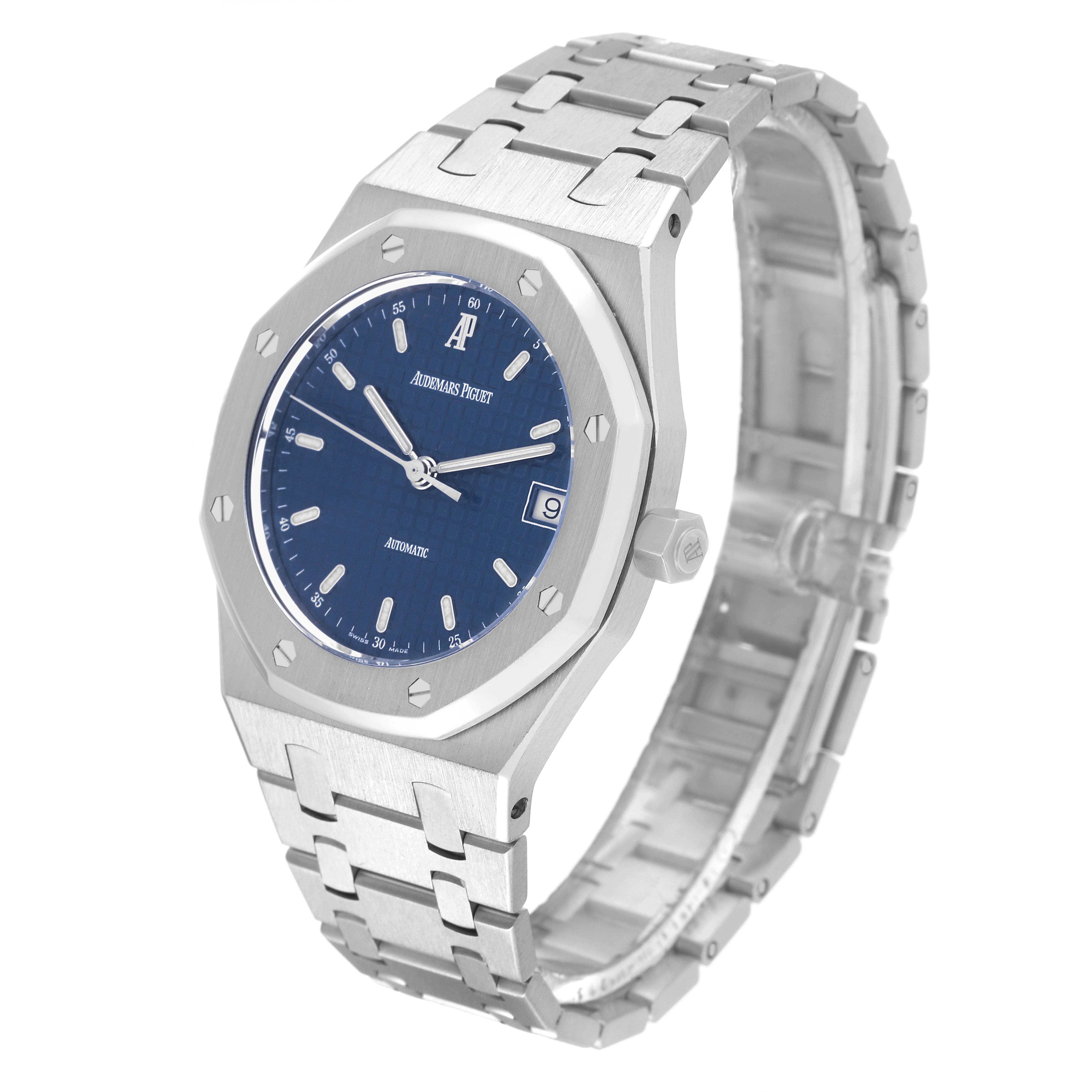 The Audemars Piguet Royal Oak 14790ST.OO.0789ST.09 Men's Stainless Steel Blue Dial 14790ST.OO.0789ST.09 Men's Stainless Steel Blue Dial watch is shown at a three-quarter angle, displaying its face, bezel, crown, and bracelet.