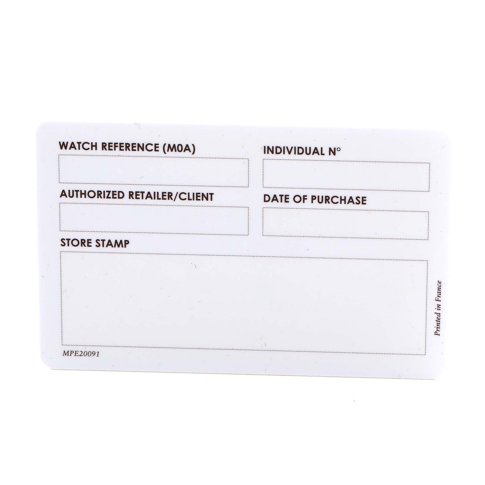 This is a blank warranty card for the Capeland model by Baume & Mercier, viewed from the front.
