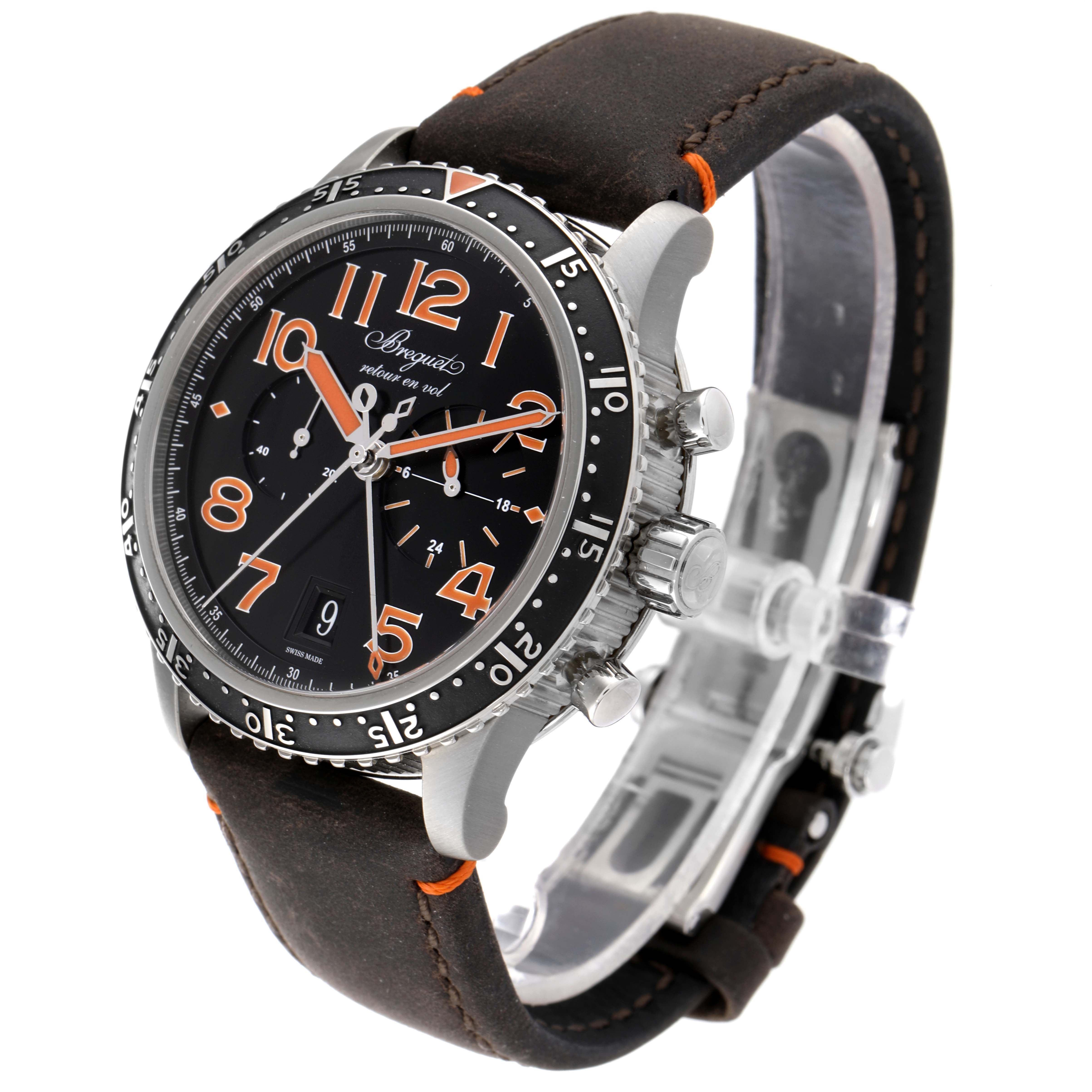 The image shows a front-side angle of the Breguet Type XX - XXI - XXII 3815TI/HO/3ZU Men's Titanium Black Dial 3815TI/HO/3ZU Men's Titanium Black Dial watch, highlighting the bezel, dial, crown, and leather strap.