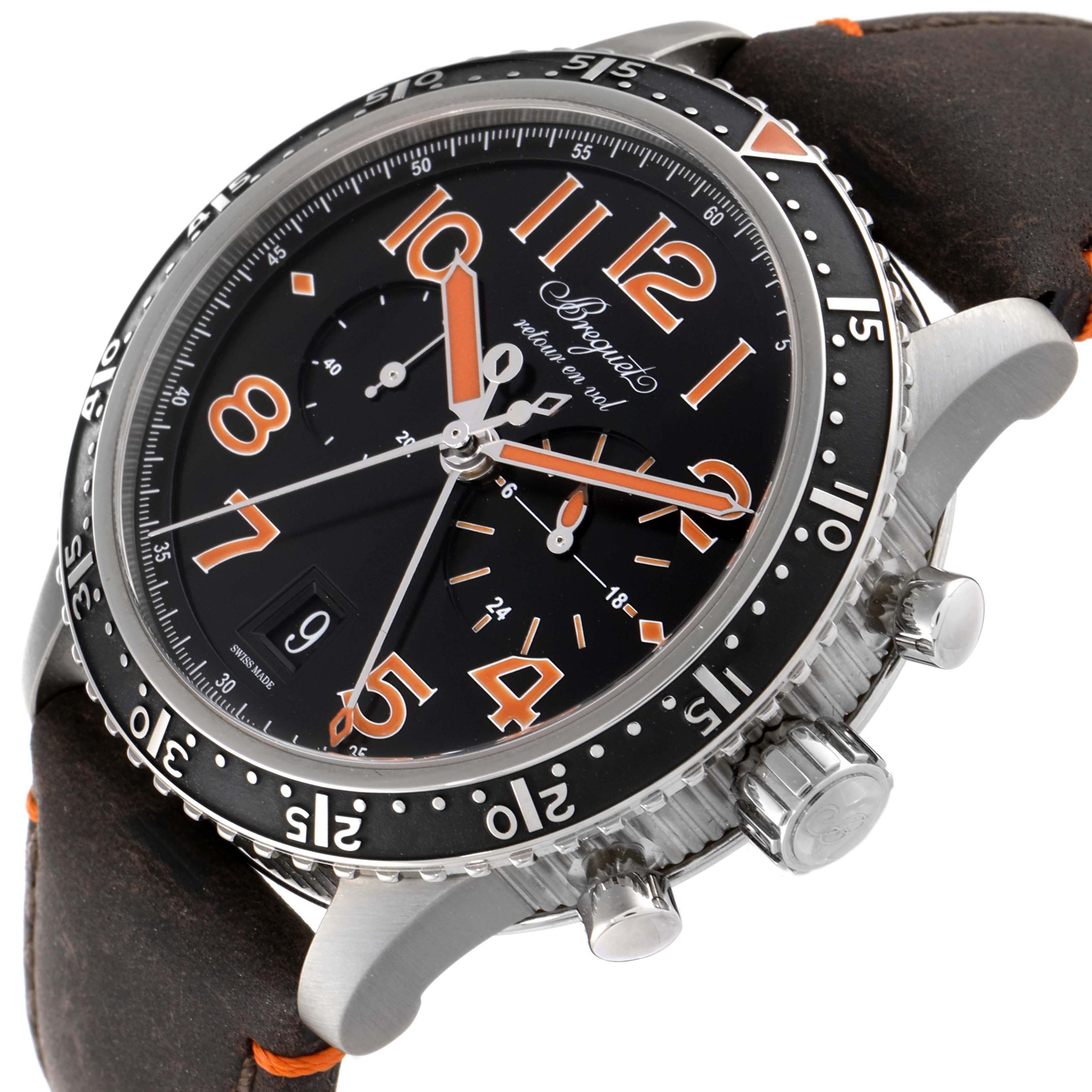 The watch is a Breguet Type XX - XXI - XXII 3815TI/HO/3ZU Men's Titanium Black Dial 3815TI/HO/3ZU Men's Titanium Black Dial model shown at a slight angle, displaying its black dial, numerals, hands, and case.