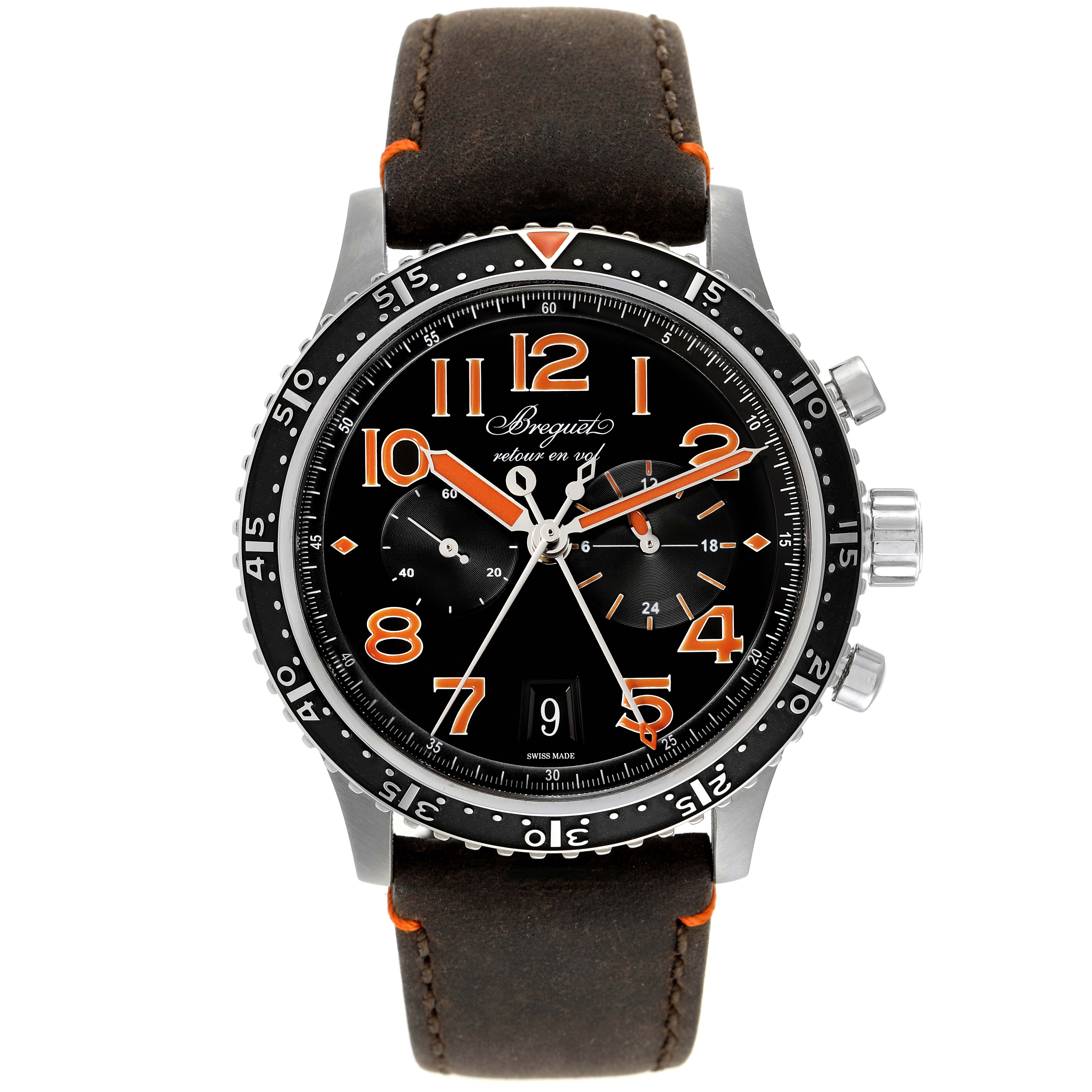 The Breguet Type XX - XXI - XXII 3815TI/HO/3ZU Men's Titanium Black Dial 3815TI/HO/3ZU Men's Titanium Black Dial watch is shown from a top view, with its dial, bezel, pushers, and leather strap visible.