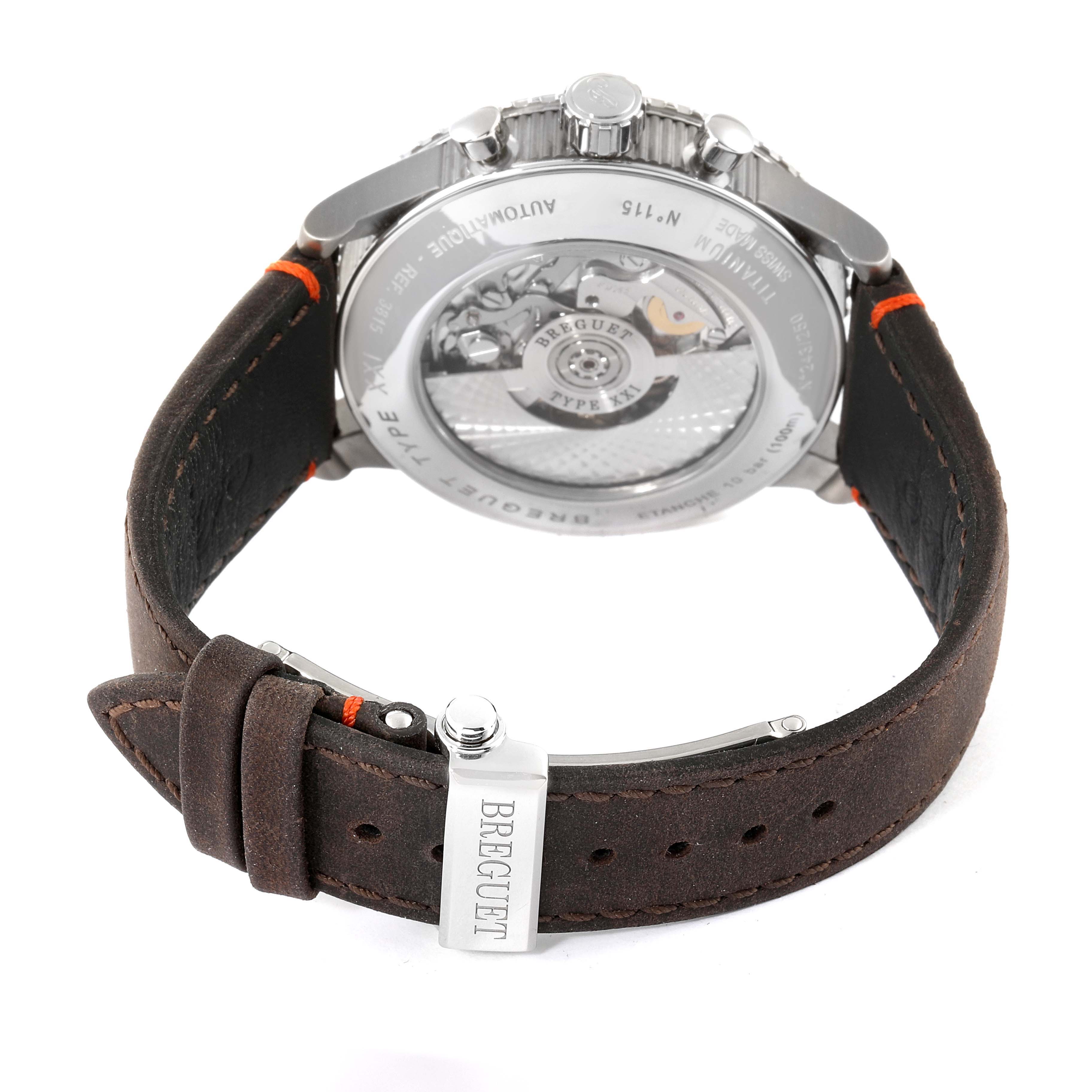 The image shows the backside and strap of a Breguet Type XX - XXI - XXII 3815TI/HO/3ZU Men's Titanium Black Dial 3815TI/HO/3ZU Men's Titanium Black Dial watch, highlighting its automatic movement.