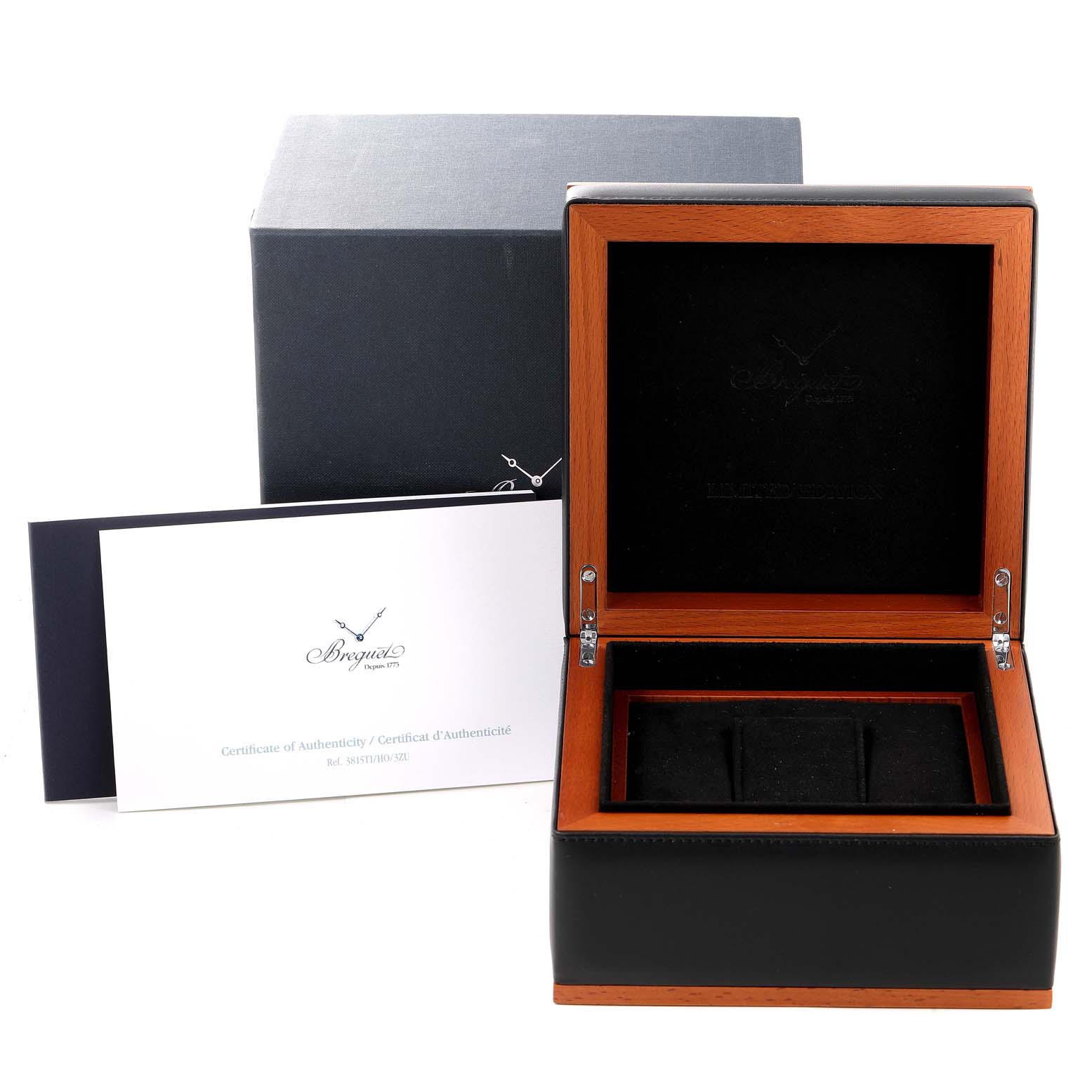 The image shows an open presentation box and a certificate of authenticity for the Breguet Type XX - XXI - XXII 3815TI/HO/3ZU Men's Titanium Black Dial 3815TI/HO/3ZU Men's Titanium Black Dial watch model.