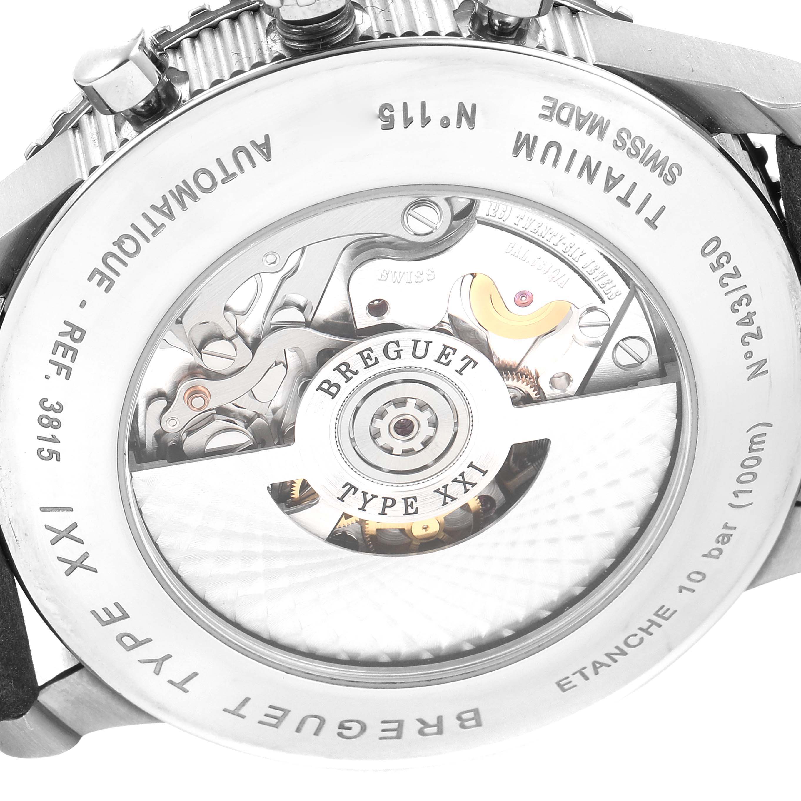 The image shows the back view of a Breguet Type XXI watch, revealing its inner mechanical components.