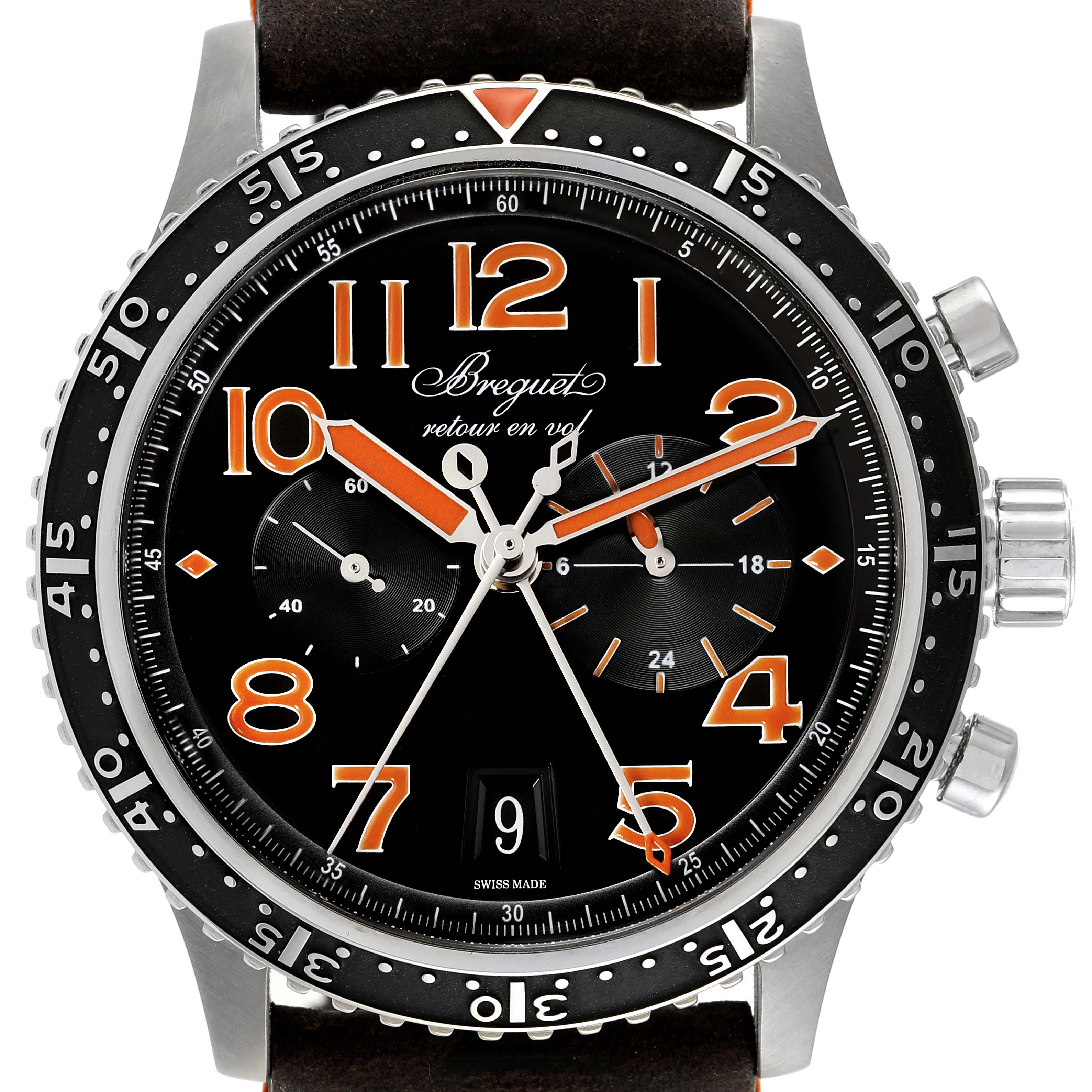 The image shows a front view of a Breguet Type XX - XXI - XXII 3815TI/HO/3ZU Men's Titanium Black Dial 3815TI/HO/3ZU Men's Titanium Black Dial watch, highlighting the dial, bezel, and pushers.