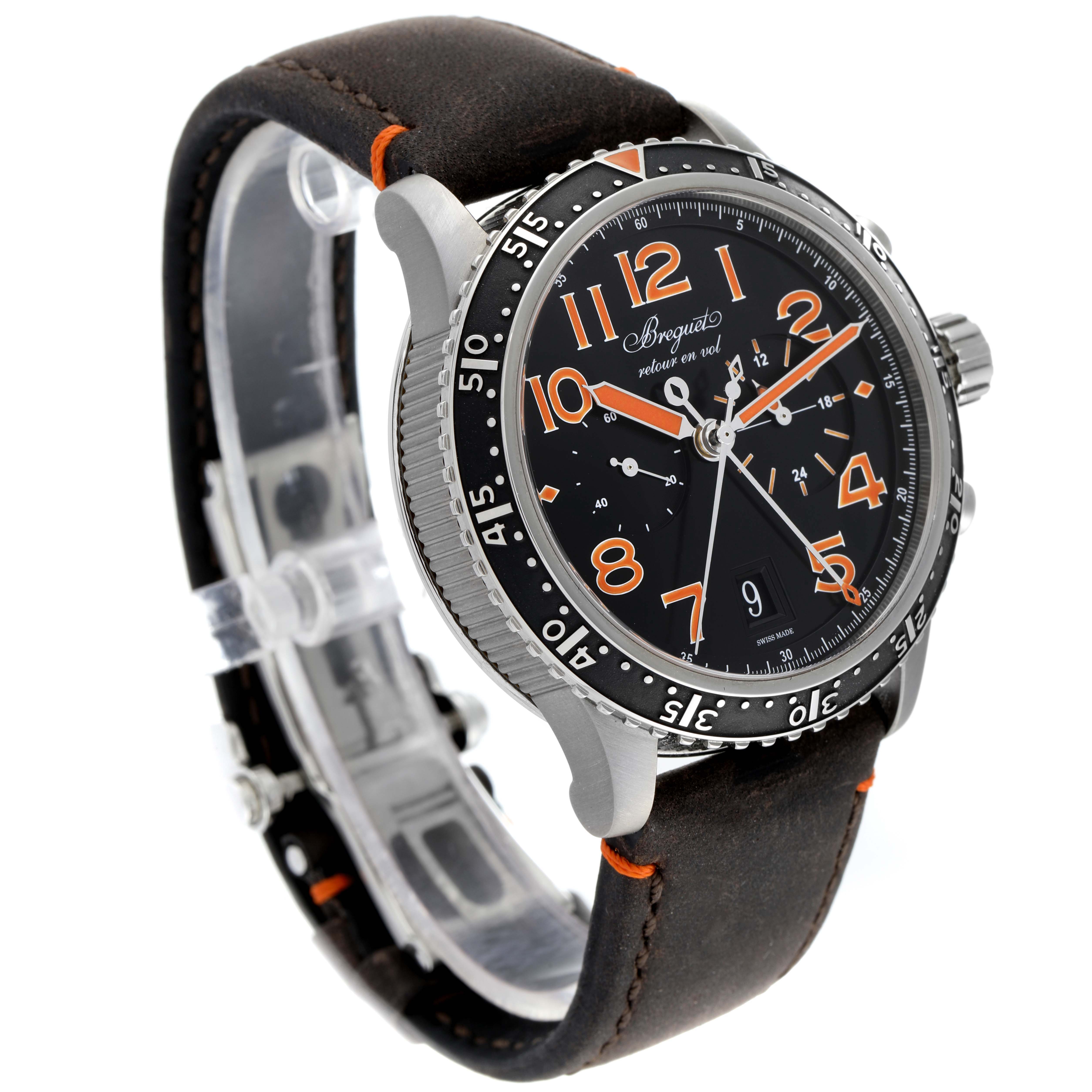 The Breguet Type XX - XXI - XXII 3815TI/HO/3ZU Men's Titanium Black Dial 3815TI/HO/3ZU Men's Titanium Black Dial watch is shown at a left front angle, displaying its dial, bezel, and leather strap.