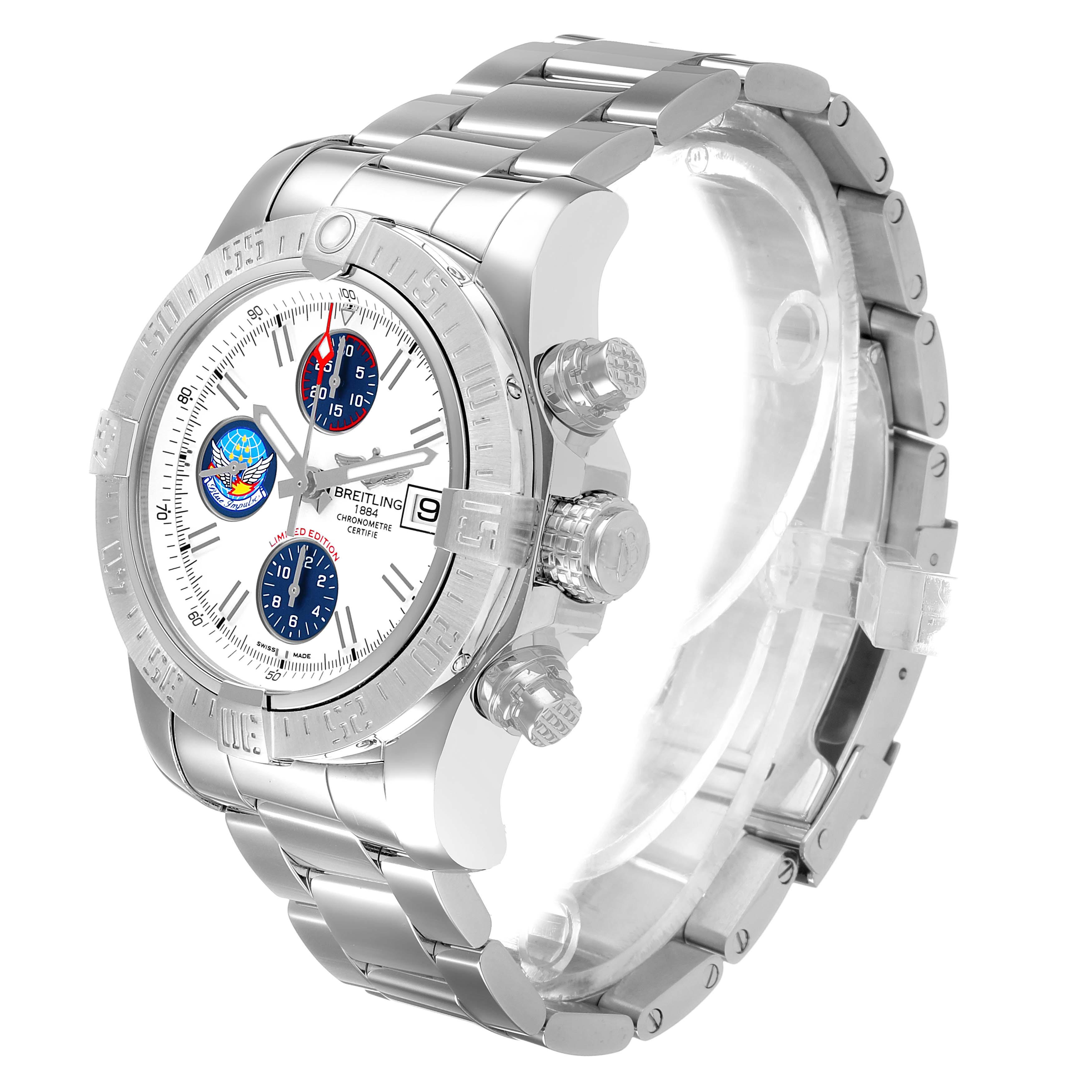 The Breitling Avenger A13381 Men's Stainless Steel White Dial watch is shown at a three-quarter angle, highlighting its face, bezel, crown, and bracelet.