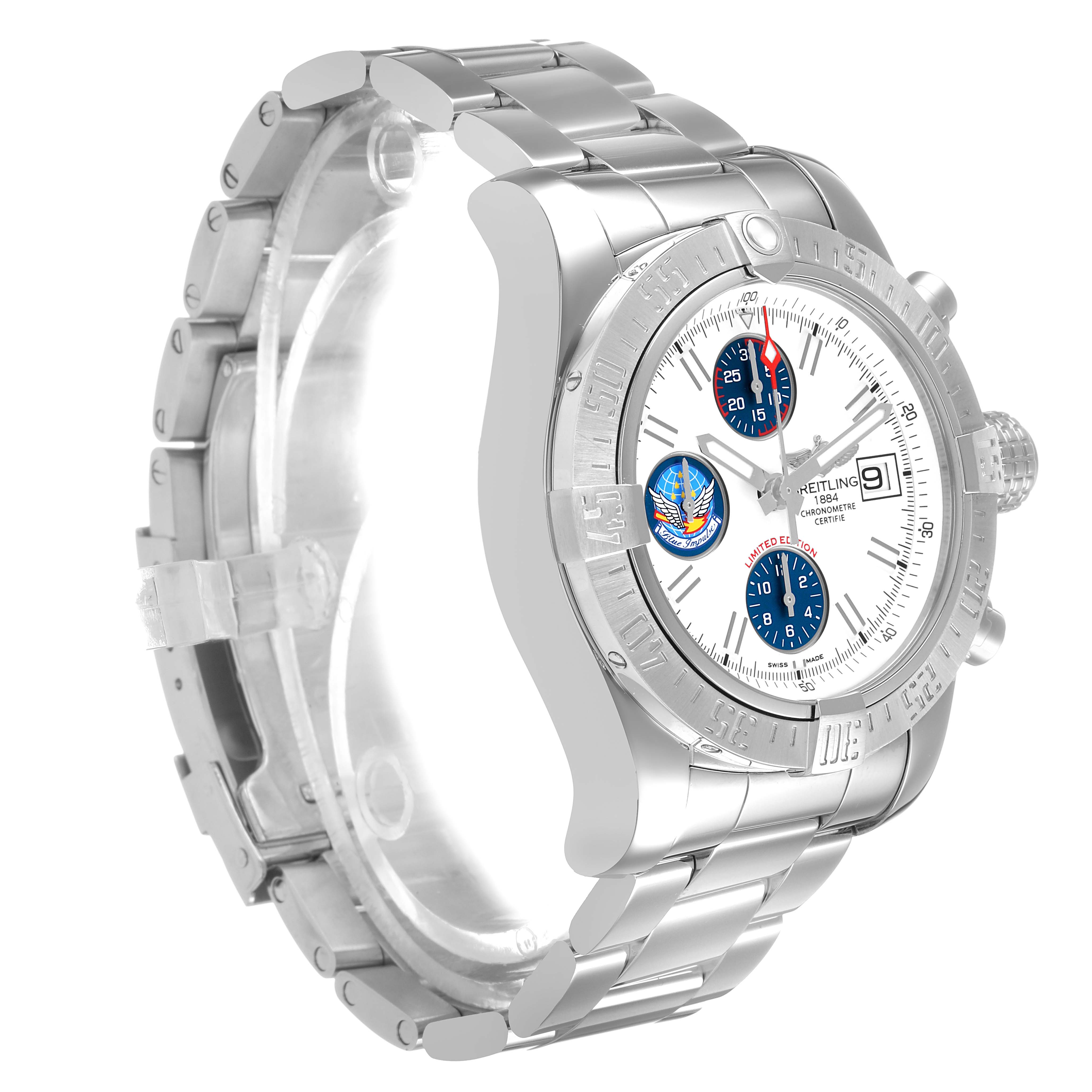 The Breitling Avenger A13381 Men's Stainless Steel White Dial watch is shown at a 3/4 angle, highlighting the face, bezel, and part of the metal bracelet.