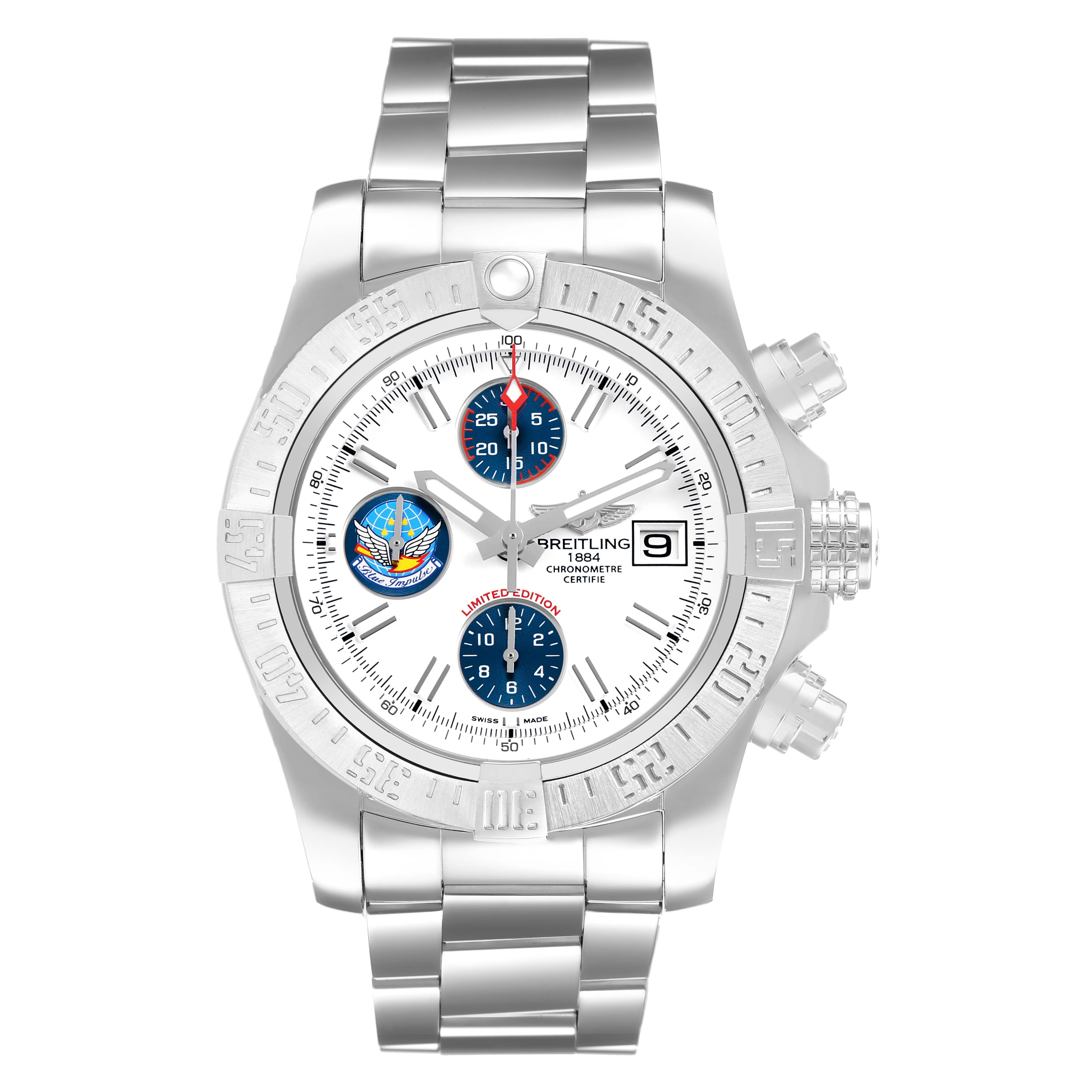 The Breitling Avenger A13381 Men's Stainless Steel White Dial watch is shown from the front, displaying its dial, bezel, and bracelets.