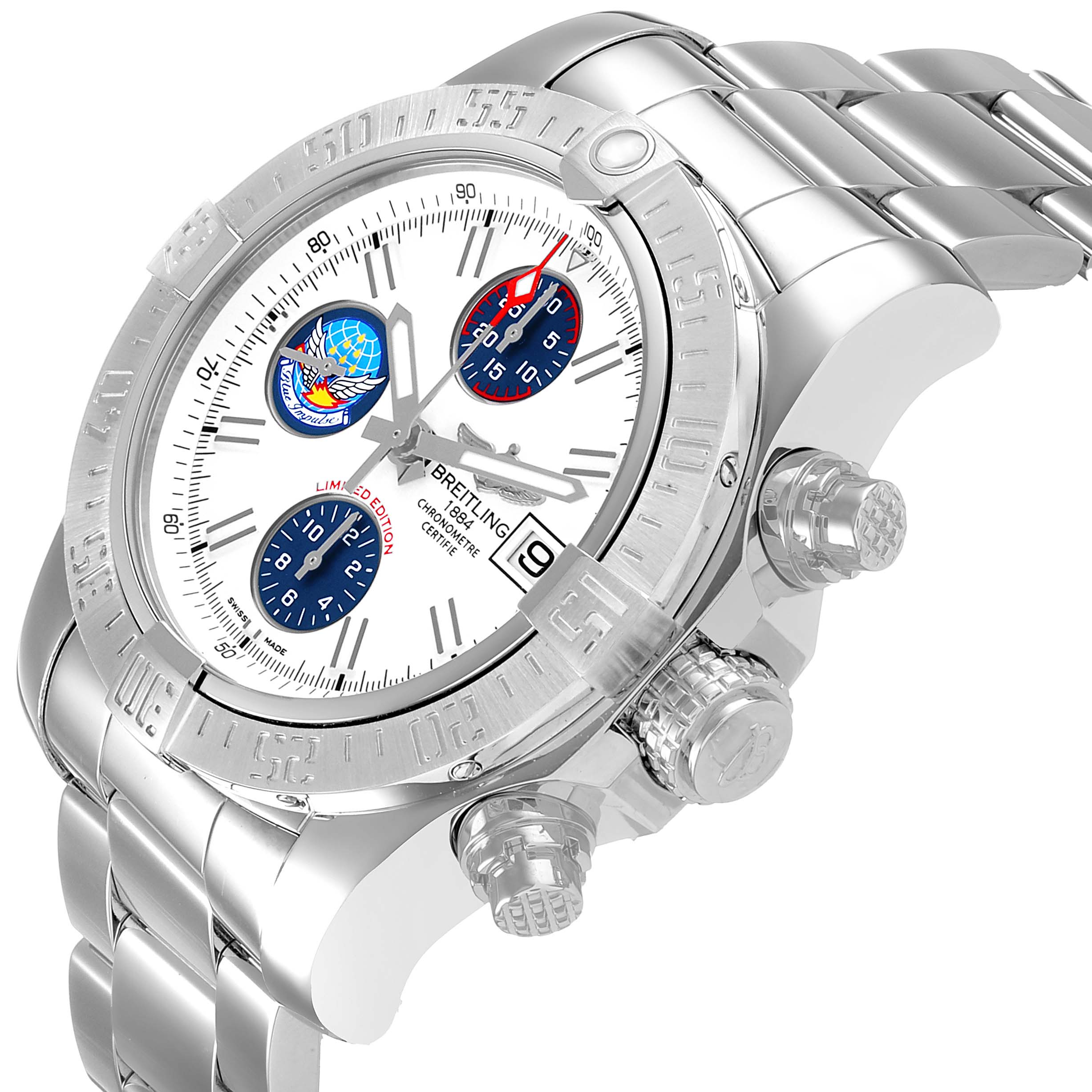 The Breitling Avenger A13381 Men's Stainless Steel White Dial watch is shown at an angled view, highlighting the bezel, chronograph dials, crown, and bracelet.
