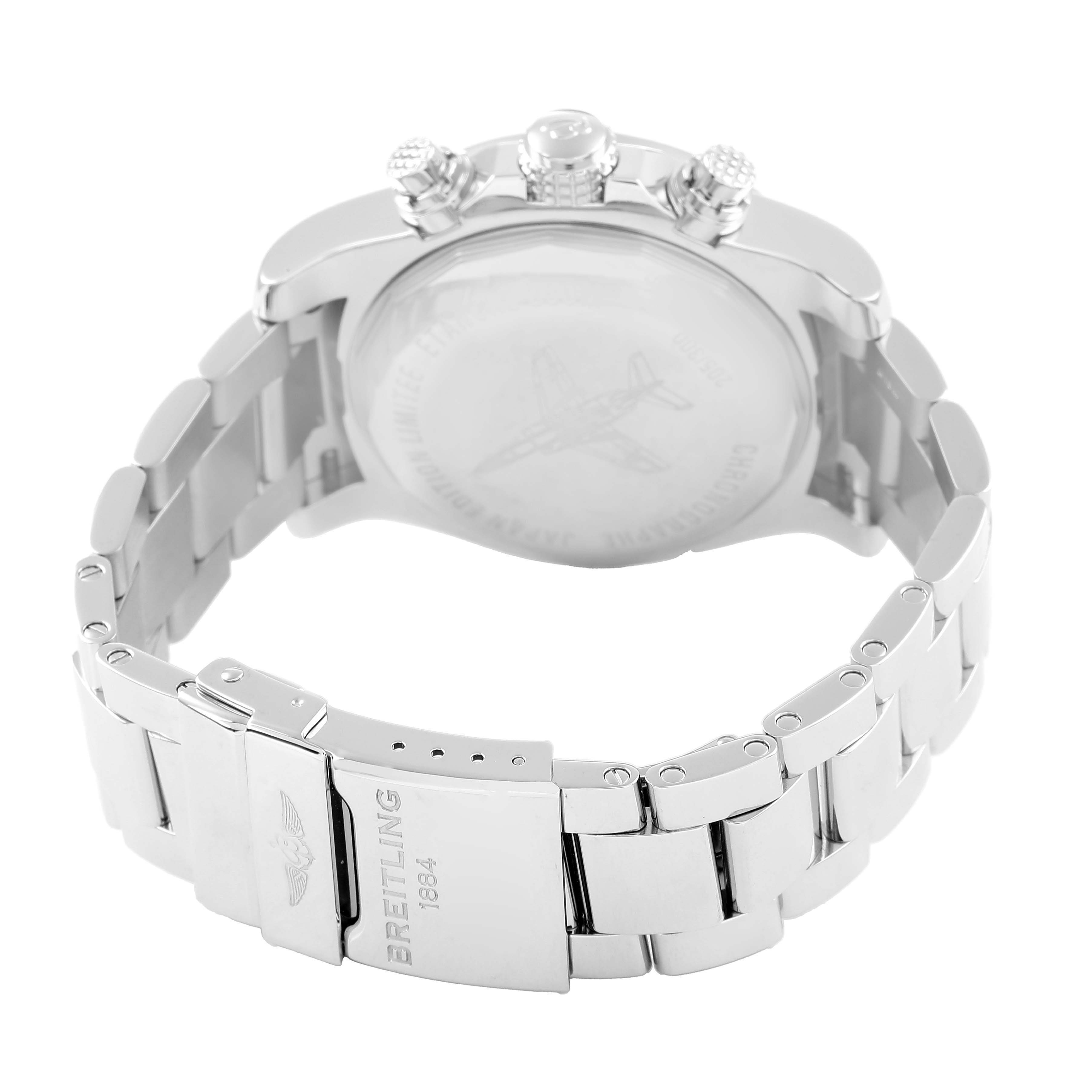 The Breitling Avenger A13381 Men's Stainless Steel White Dial watch is shown from the back, highlighting the case back, bracelet, and clasp.