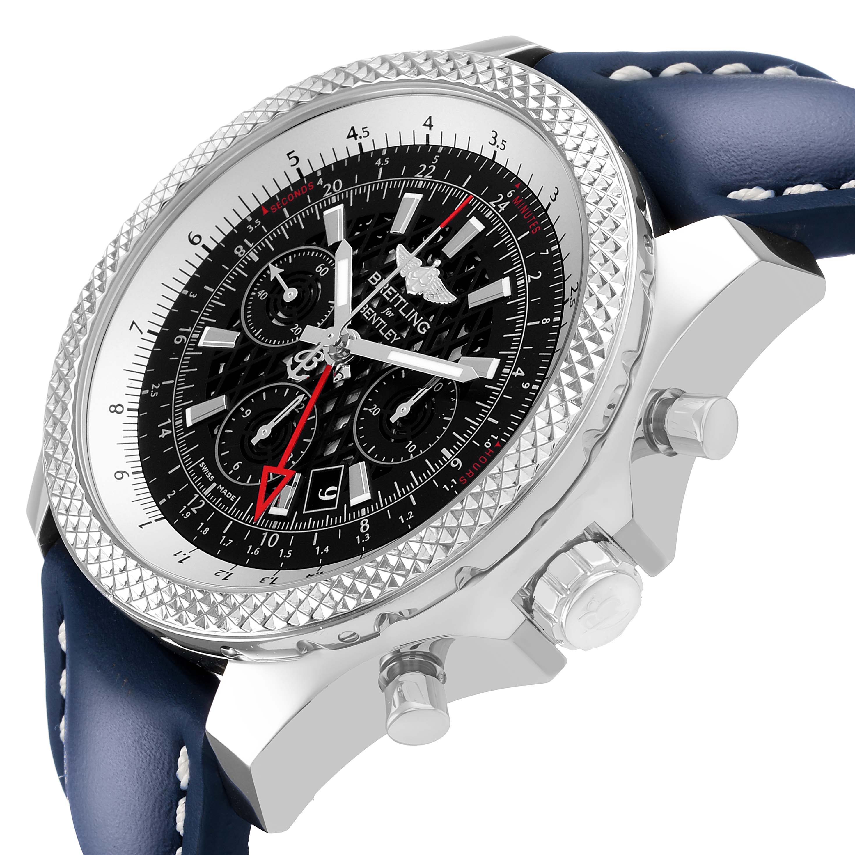 The Breitling Bentley AB0431 Men's Stainless Steel Black Dial watch is shown at an angled side view, highlighting the bezel, dial, chronograph buttons, and blue leather strap.