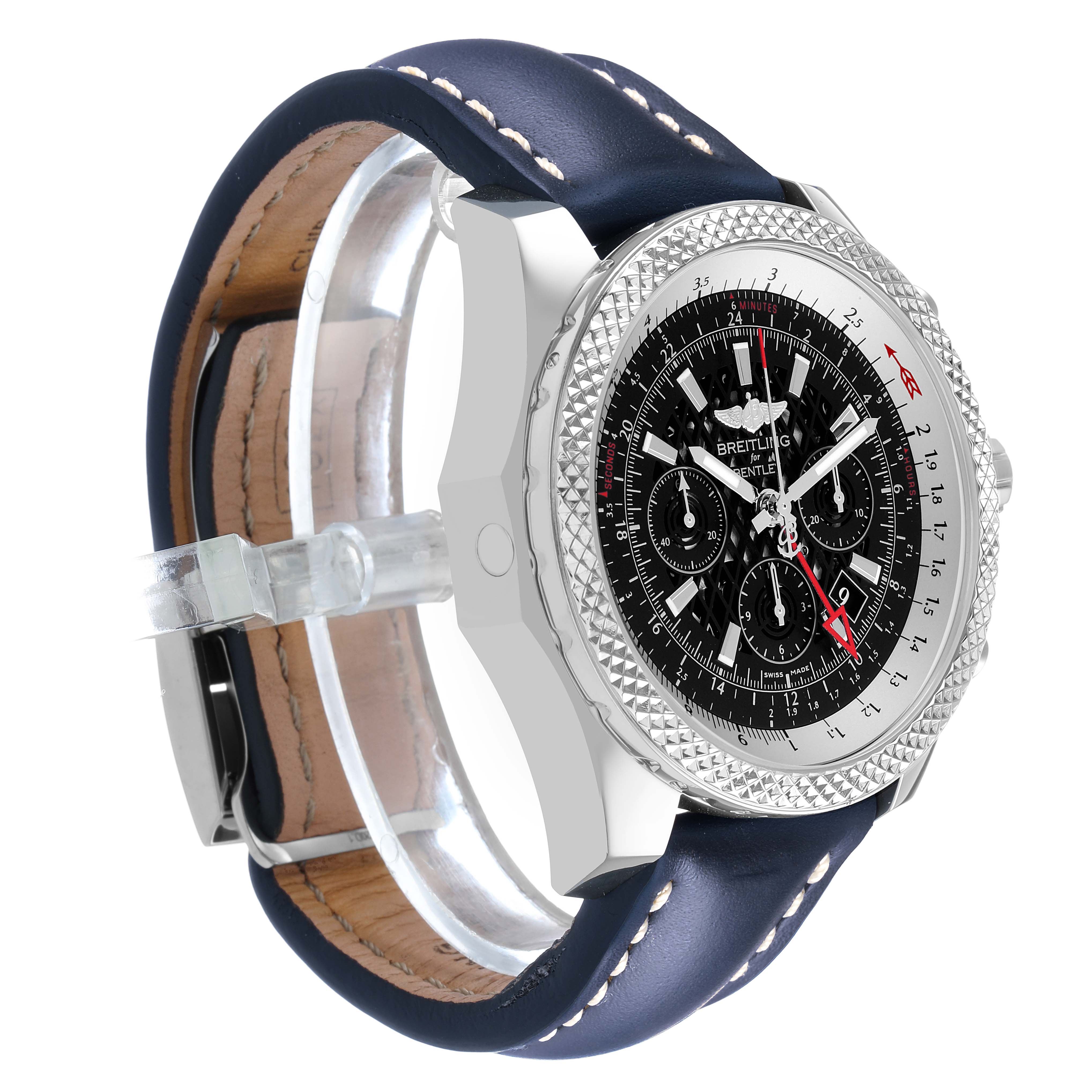 The Breitling Bentley AB0431 Men's Stainless Steel Black Dial watch is shown at an angled side view, highlighting the bezel, case, dial, and blue leather strap.