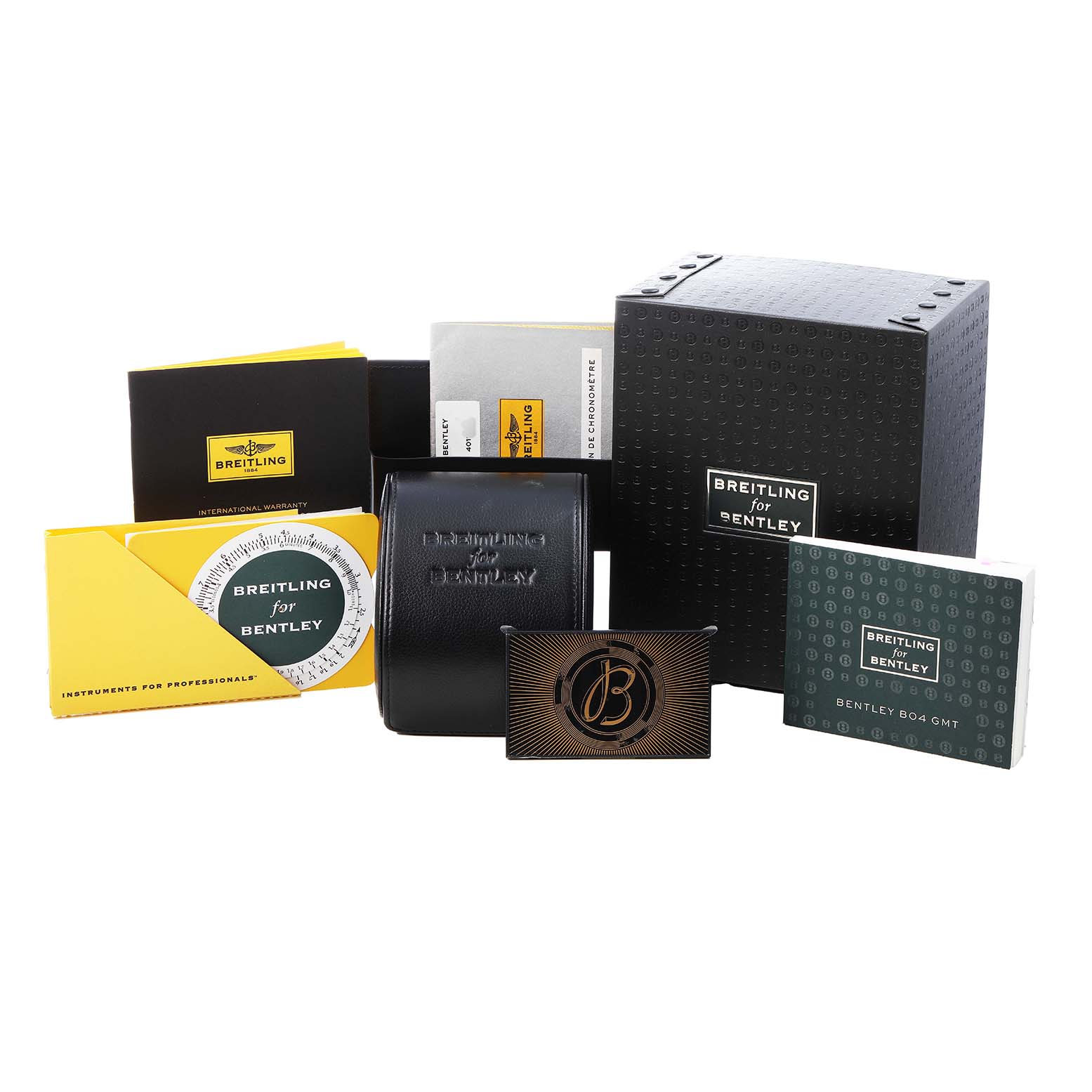 The image shows the packaging and accessories of the Breitling Bentley AB0431 Men's Stainless Steel Black Dial model, including boxes, booklets, and a card.