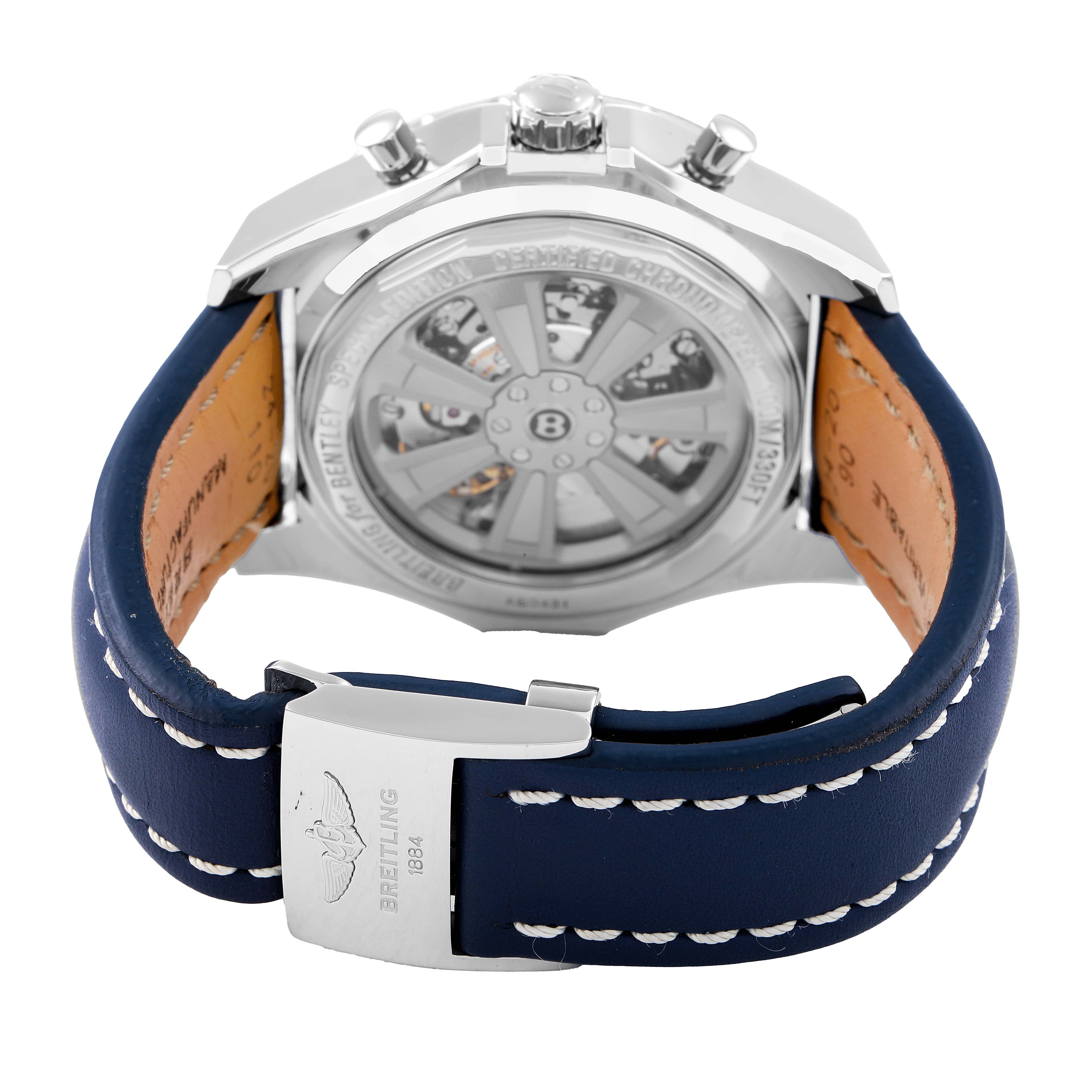 The image shows the back view of a Bentley model by Breitling, highlighting the case back and blue leather strap with clasp.
