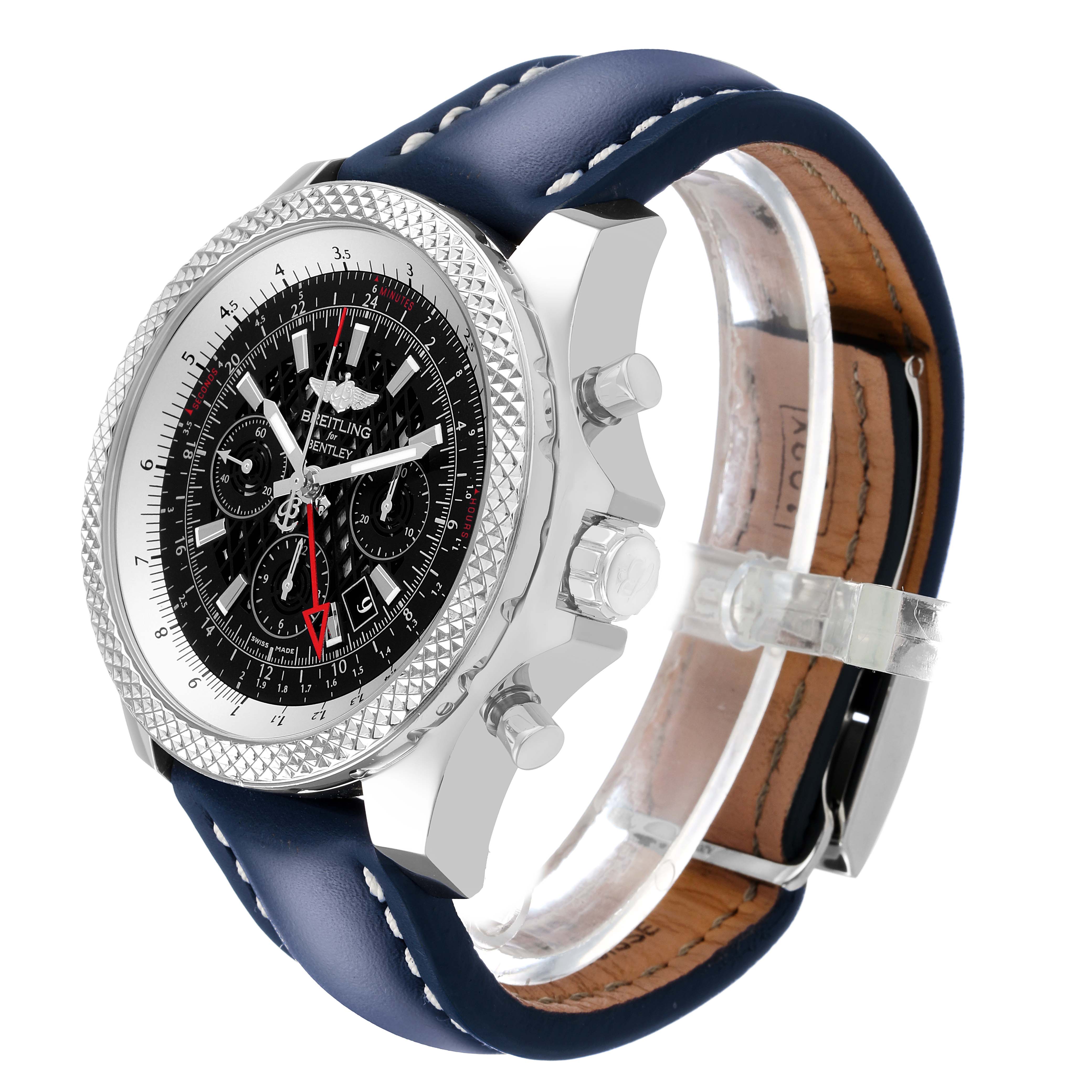 The Breitling Bentley AB0431 Men's Stainless Steel Black Dial watch is shown at a side angle, highlighting the face, bezel, pushers, and leather strap.
