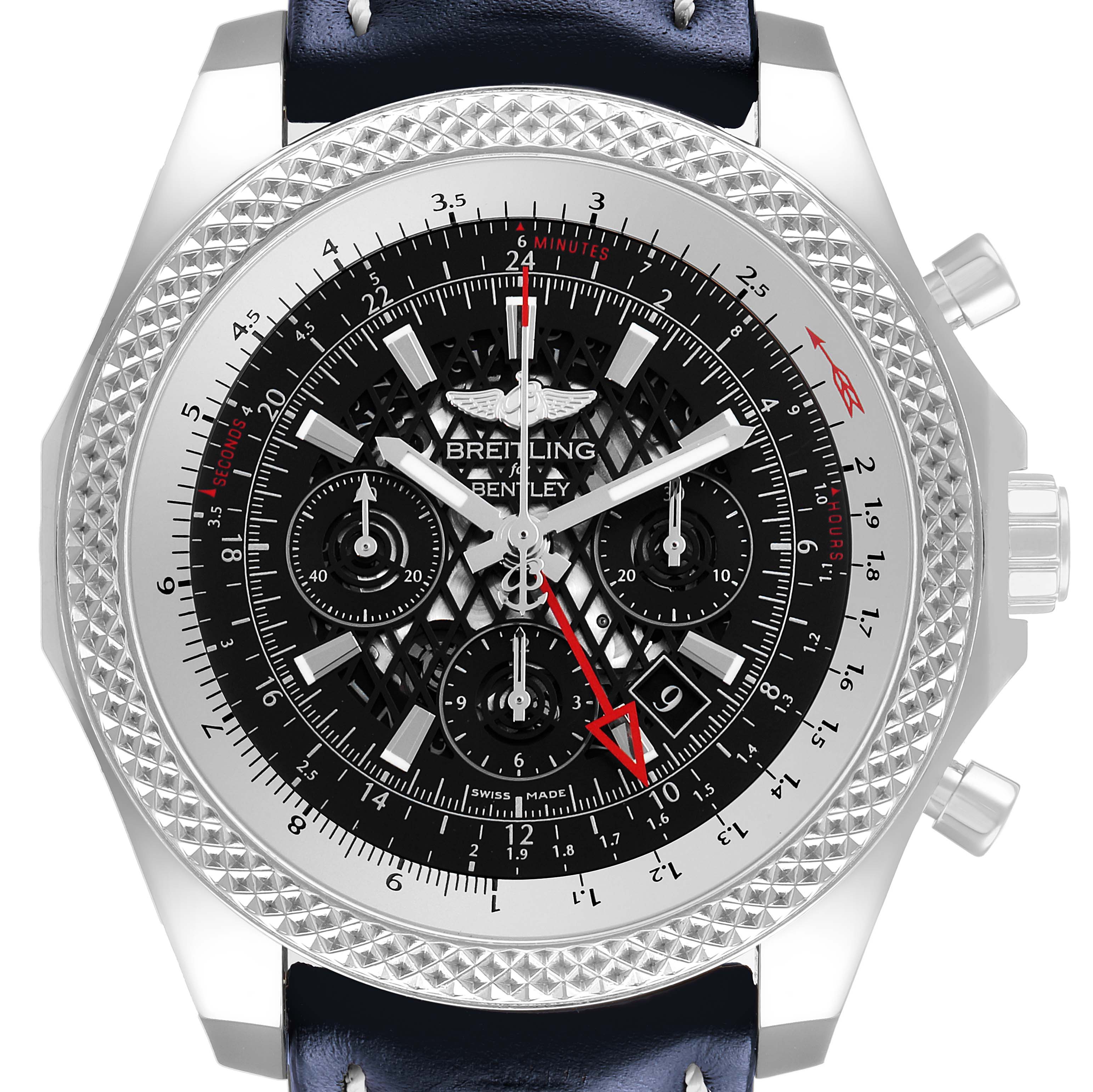 The Breitling Bentley AB0431 Men's Stainless Steel Black Dial watch is shown from a front angle, highlighting the face, bezel, crown, and chronograph dials.