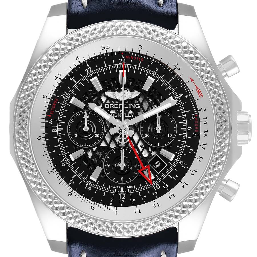 The Breitling Bentley AB0431 Men's Stainless Steel Black Dial watch is shown from a front angle, highlighting the face, bezel, crown, and chronograph dials.