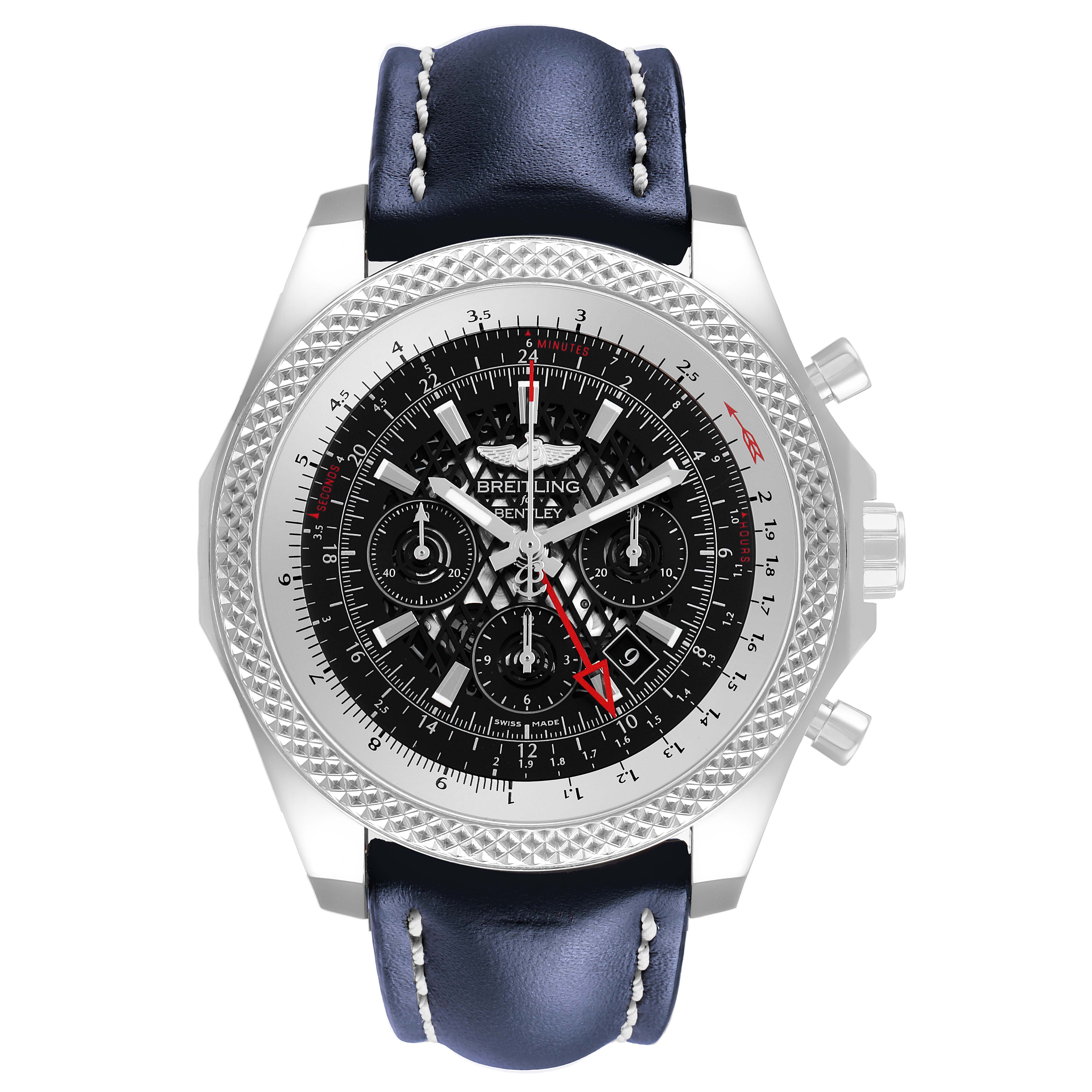 The Breitling Bentley AB0431 Men's Stainless Steel Black Dial watch is shown from a front angle, highlighting the dial, bezel, and leather strap.