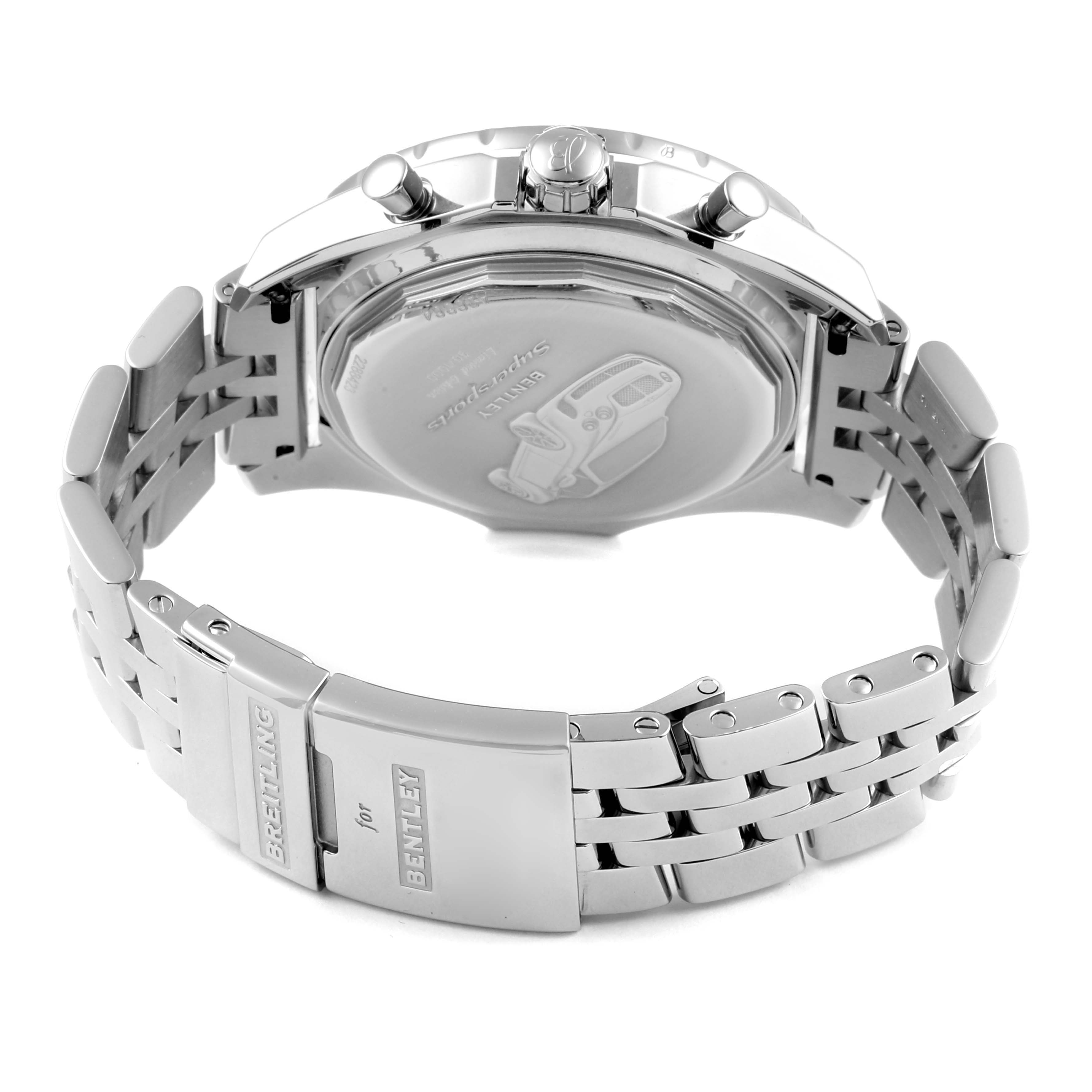 The image shows the back angle of a Breitling Bentley A26364 Men's Stainless Steel Black Dial A26364 Men's Stainless Steel Black Dial watch, highlighting its clasp, bracelet, and case back.