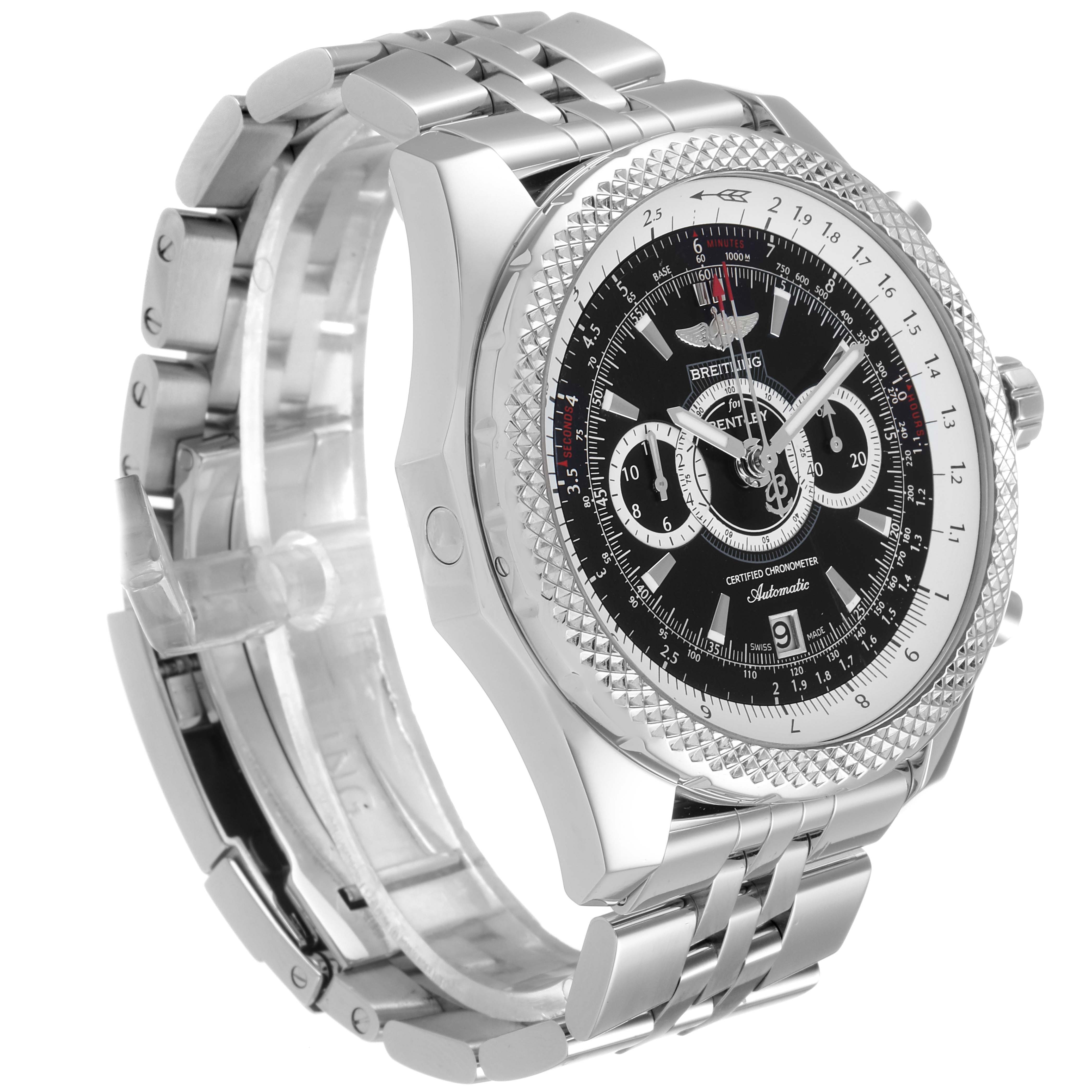 This image shows a side view of the Breitling Bentley A26364 Men's Stainless Steel Black Dial A26364 Men's Stainless Steel Black Dial watch, highlighting its face and metal bracelet.