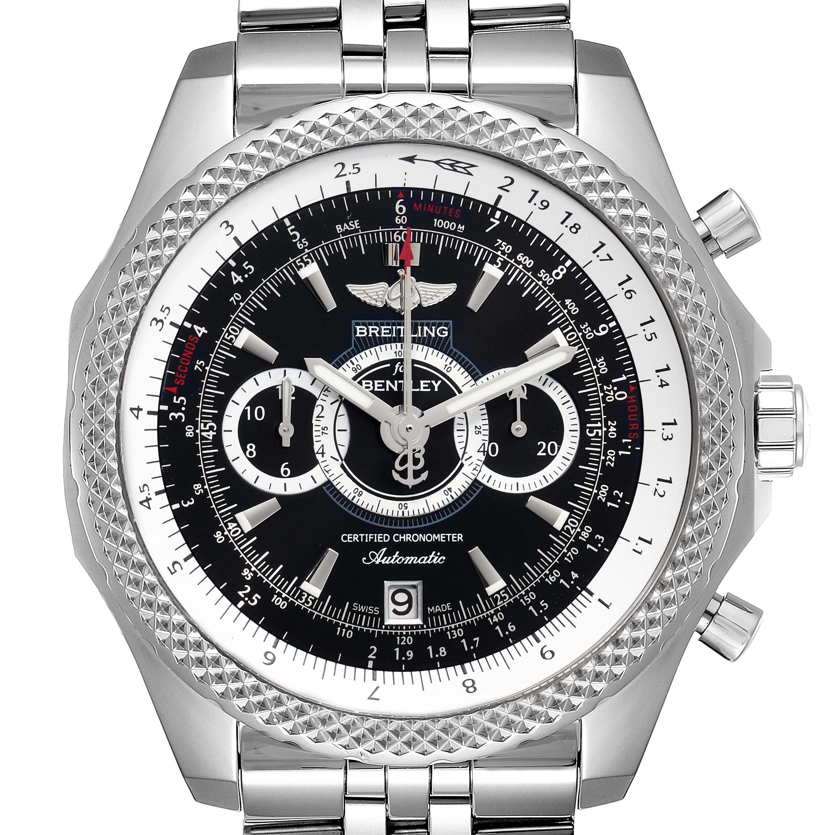 The Breitling Bentley A26364 Men's Stainless Steel Black Dial A26364 Men's Stainless Steel Black Dial watch is shown from a front angle, highlighting its dial, bezel, subdials, and stainless steel bracelet.