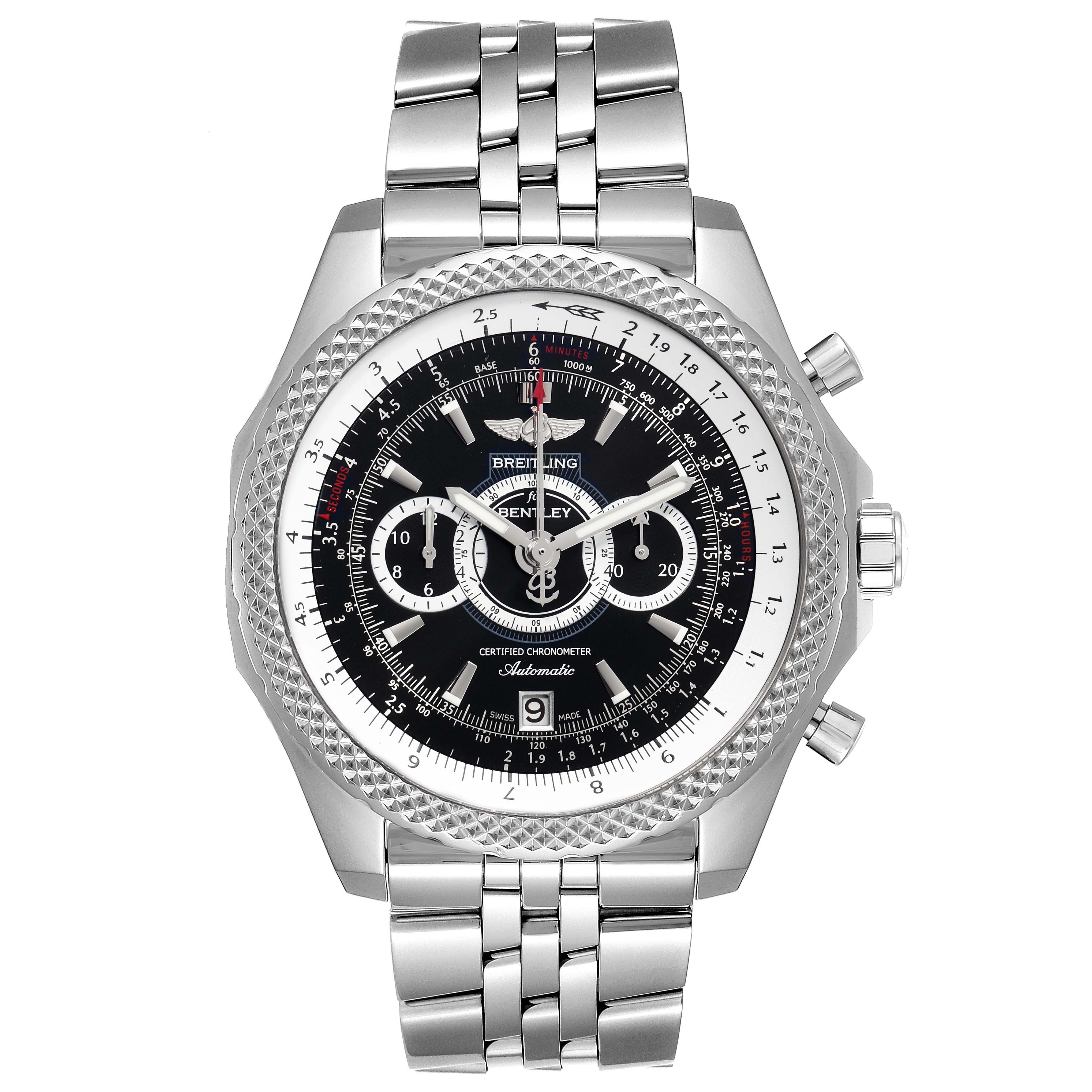 The Breitling Bentley A26364 Men's Stainless Steel Black Dial A26364 Men's Stainless Steel Black Dial watch is shown from a front angle, displaying its dial, bezel, and stainless steel bracelet.