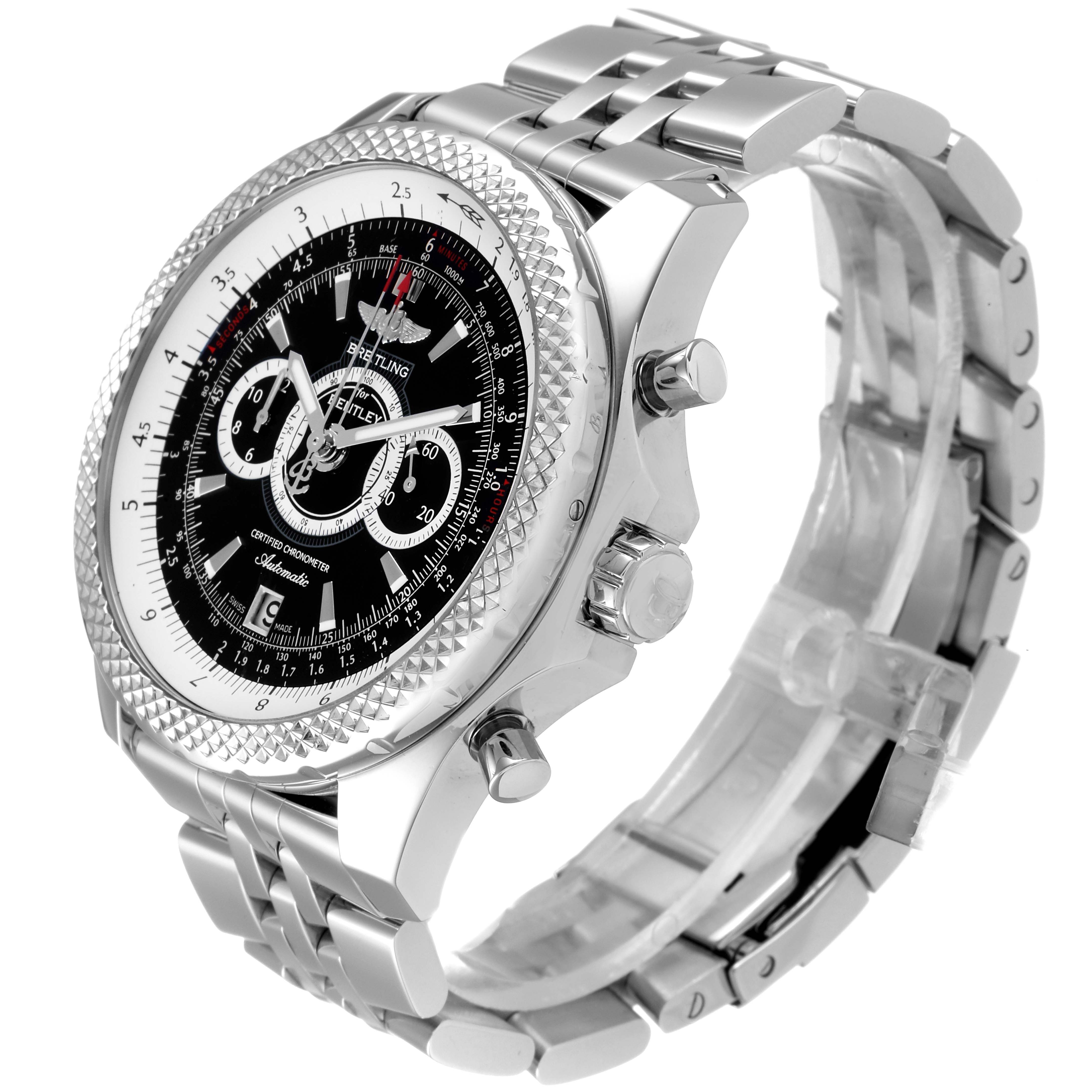 The Breitling Bentley A26364 Men's Stainless Steel Black Dial A26364 Men's Stainless Steel Black Dial watch is shown at a three-quarter angle, highlighting its dial, bezel, pushers, and bracelet.