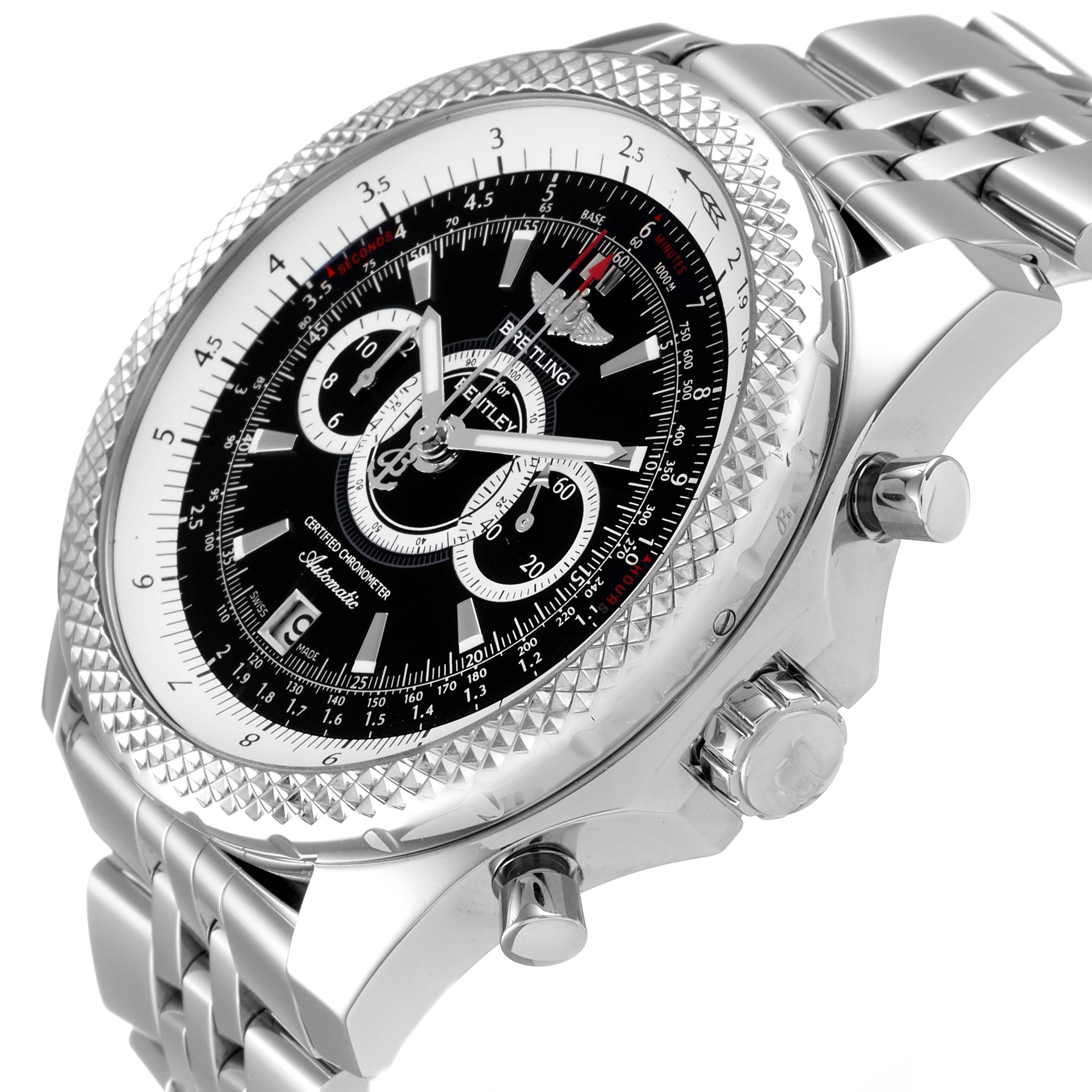 The image shows the side and close-up of the dial, bezel, and bracelet of a Bentley model watch by Breitling.