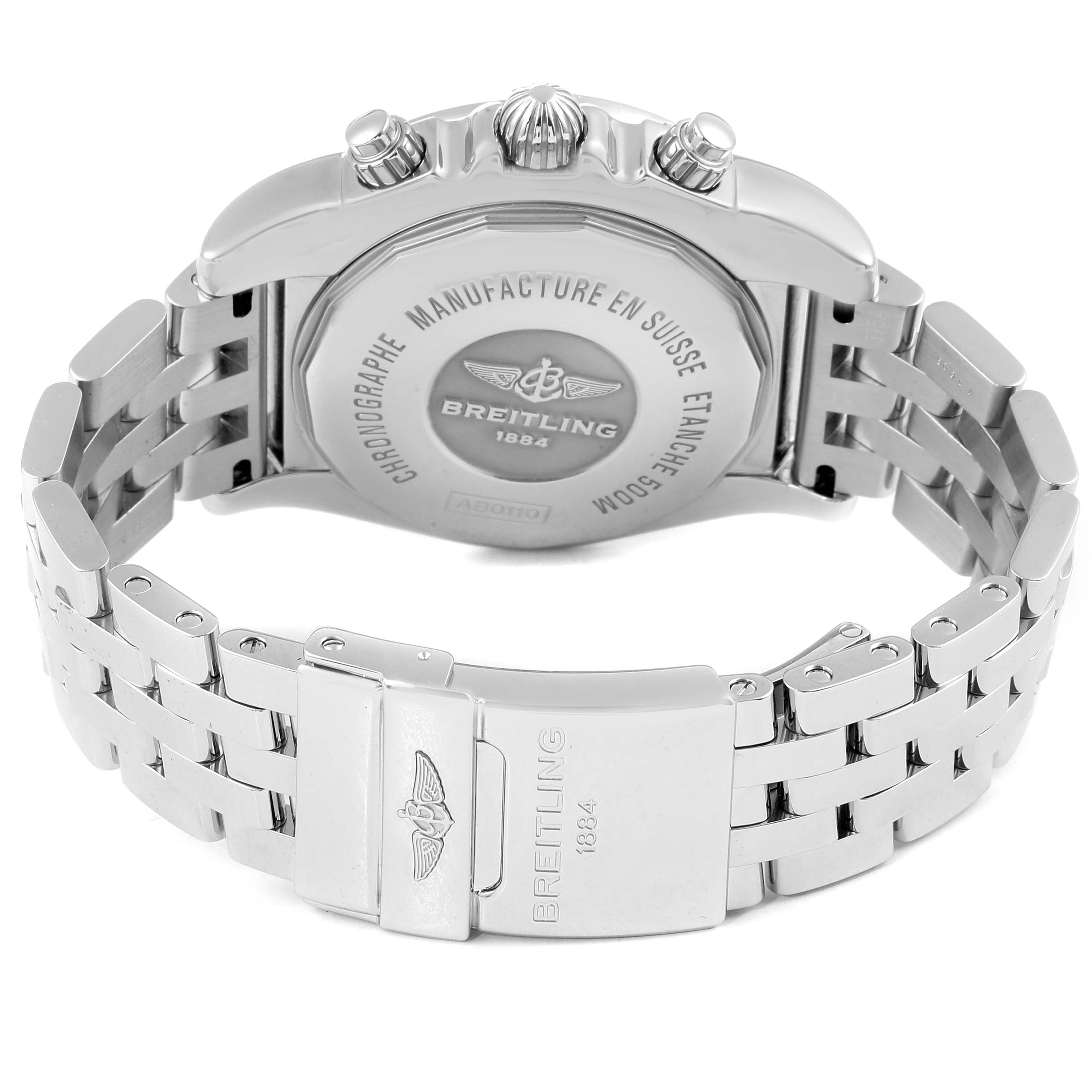 The image shows the back and side view of a Breitling Chronomat AB0110 Men's Stainless Steel Brown Dial AB0110 Men's Stainless Steel Brown Dial watch, displaying the case back and stainless steel bracelet.