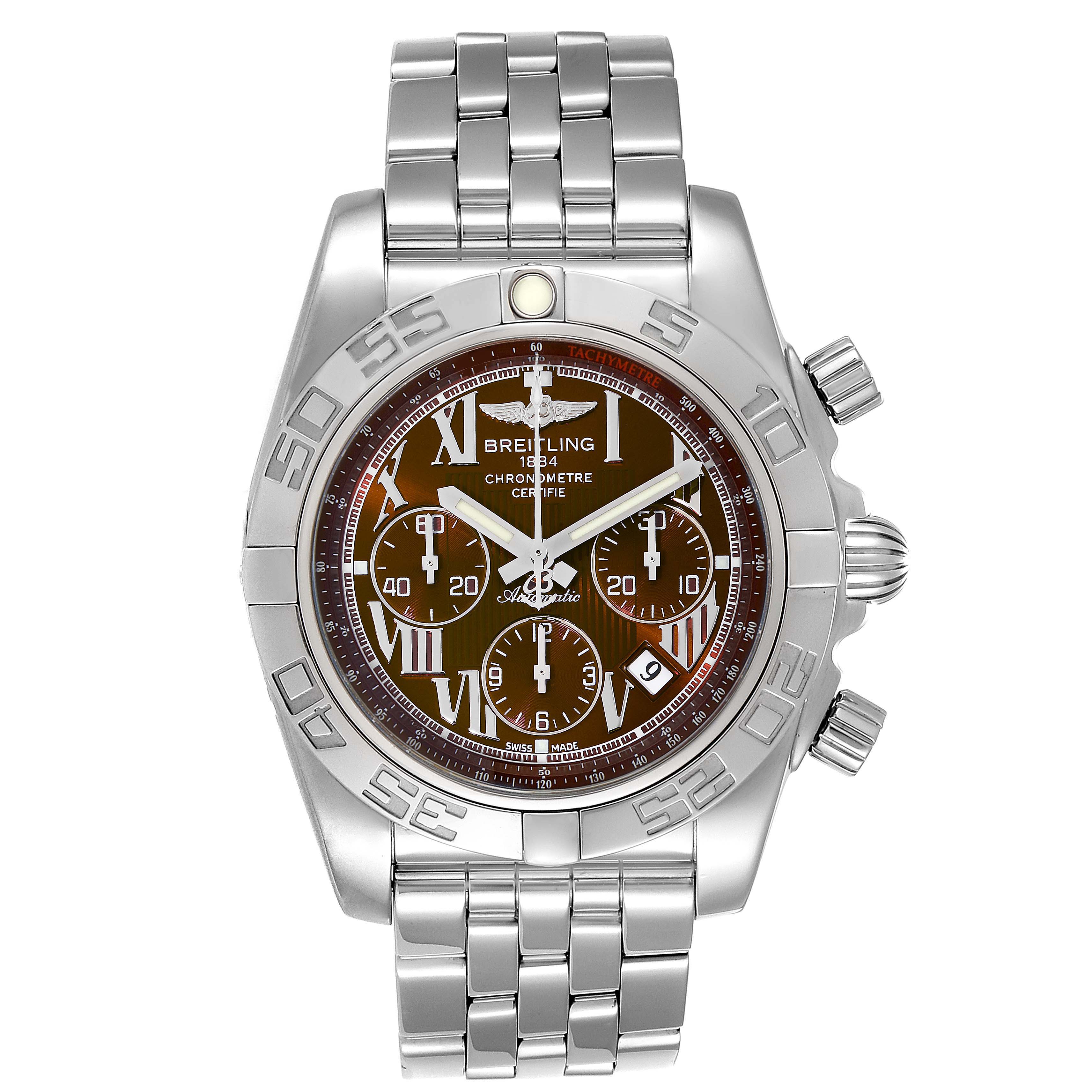 The image shows a Breitling Chronomat AB0110 Men's Stainless Steel Brown Dial AB0110 Men's Stainless Steel Brown Dial watch from a front angle, displaying the dial, chronograph sub-dials, bezel, and bracelet.
