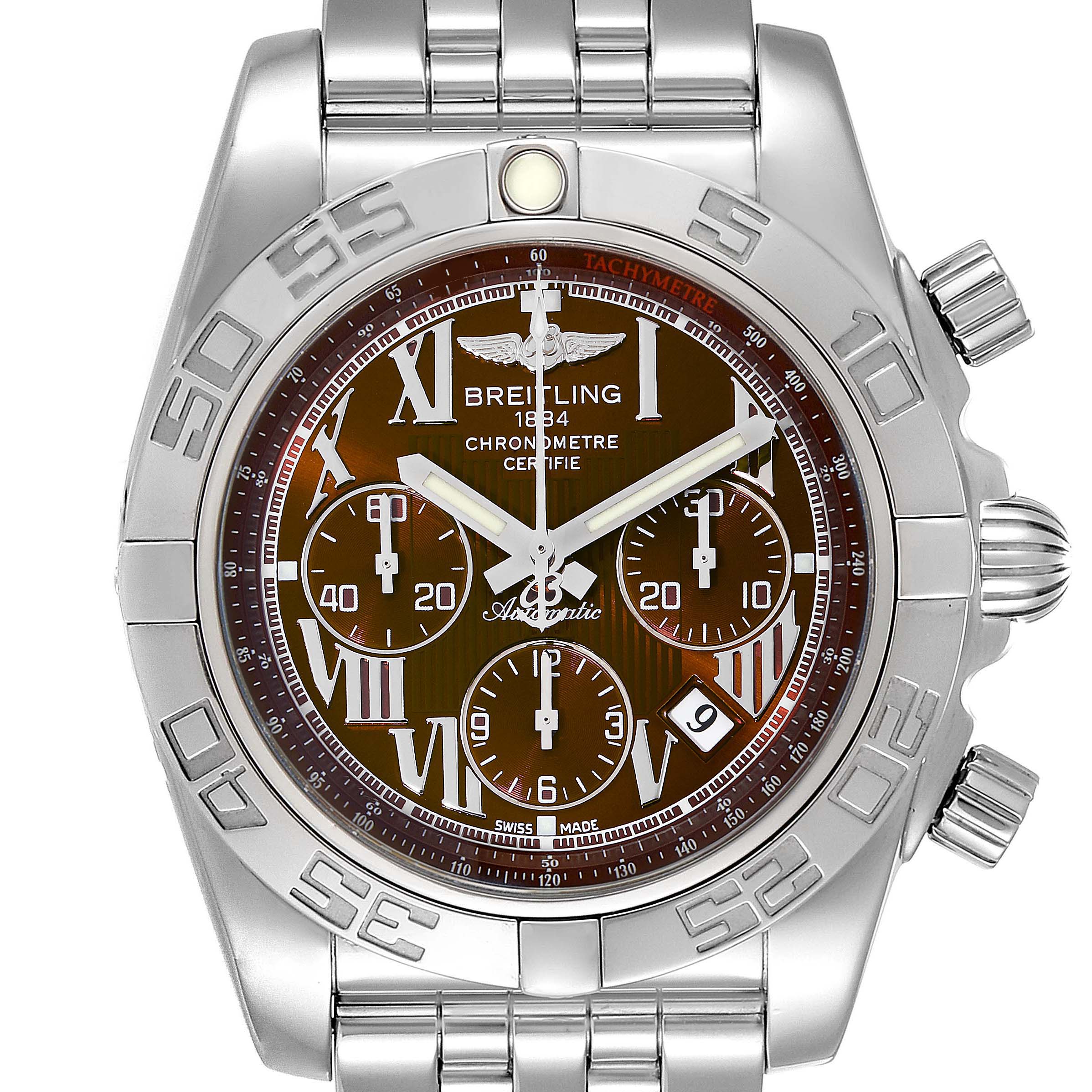 The image shows a front view of a Breitling Chronomat AB0110 Men's Stainless Steel Brown Dial AB0110 Men's Stainless Steel Brown Dial watch, highlighting the dial, bezel, crown, and strap.