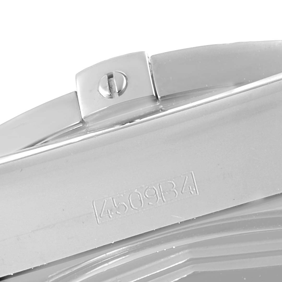 This image shows a close-up angle of the buckle and part of the strap of a Breitling Chronomat AB0110 Men's Stainless Steel Brown Dial AB0110 Men's Stainless Steel Brown Dial watch.