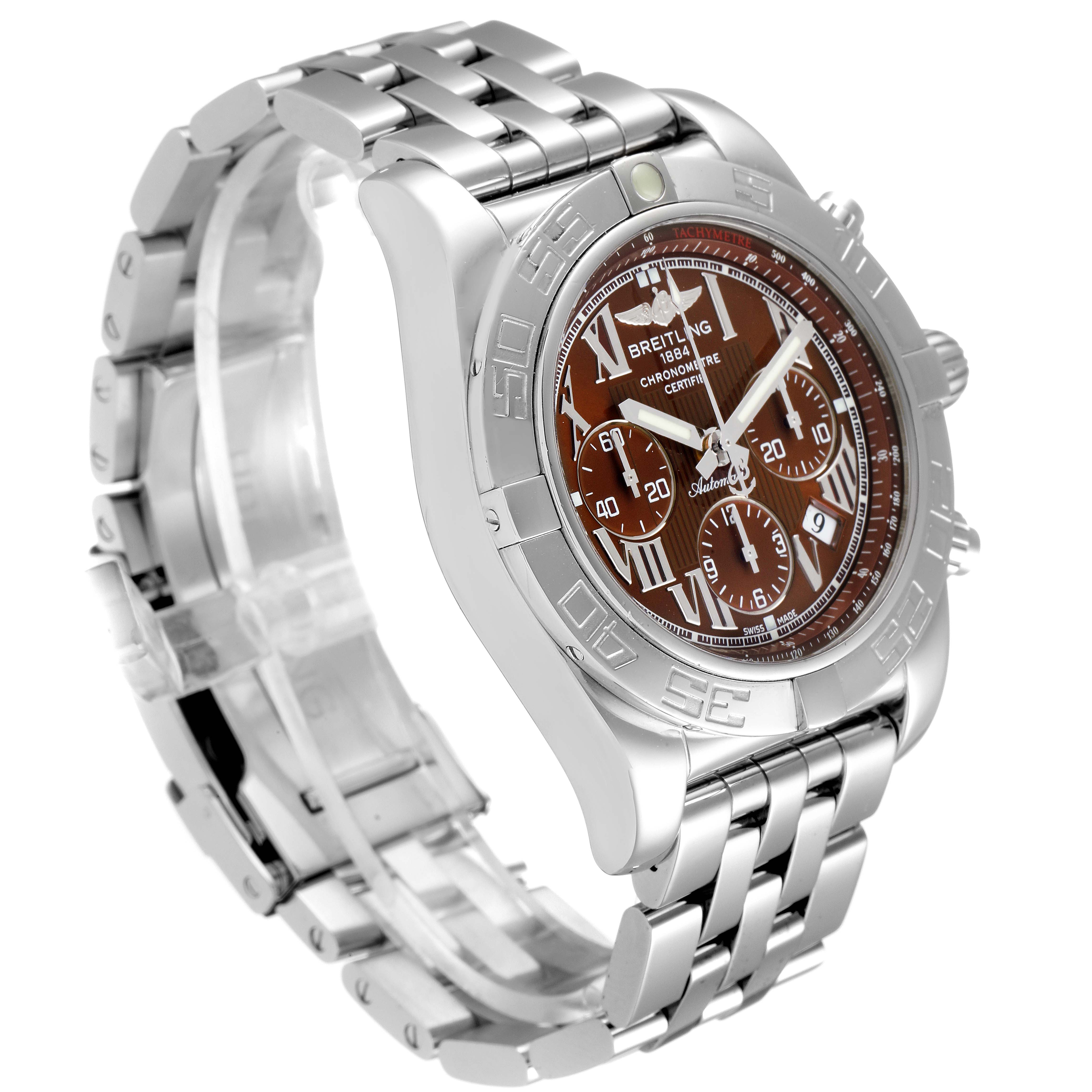 The image shows a Breitling Chronomat AB0110 Men's Stainless Steel Brown Dial AB0110 Men's Stainless Steel Brown Dial watch at a three-quarter angle, highlighting its face, bezel, and metal bracelet.